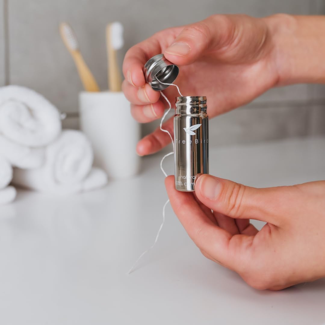 TreeBird Biodegradable Dental Floss | TRUE Shift Steel Dispenser & Pure Silk Floss