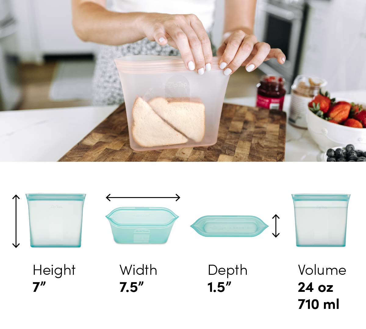 Zip Top 100% Silicone Reusable Food Storage Set (8‑Piece, Teal) | TRUE Shift Zero‑Plastic Meal Prep Set