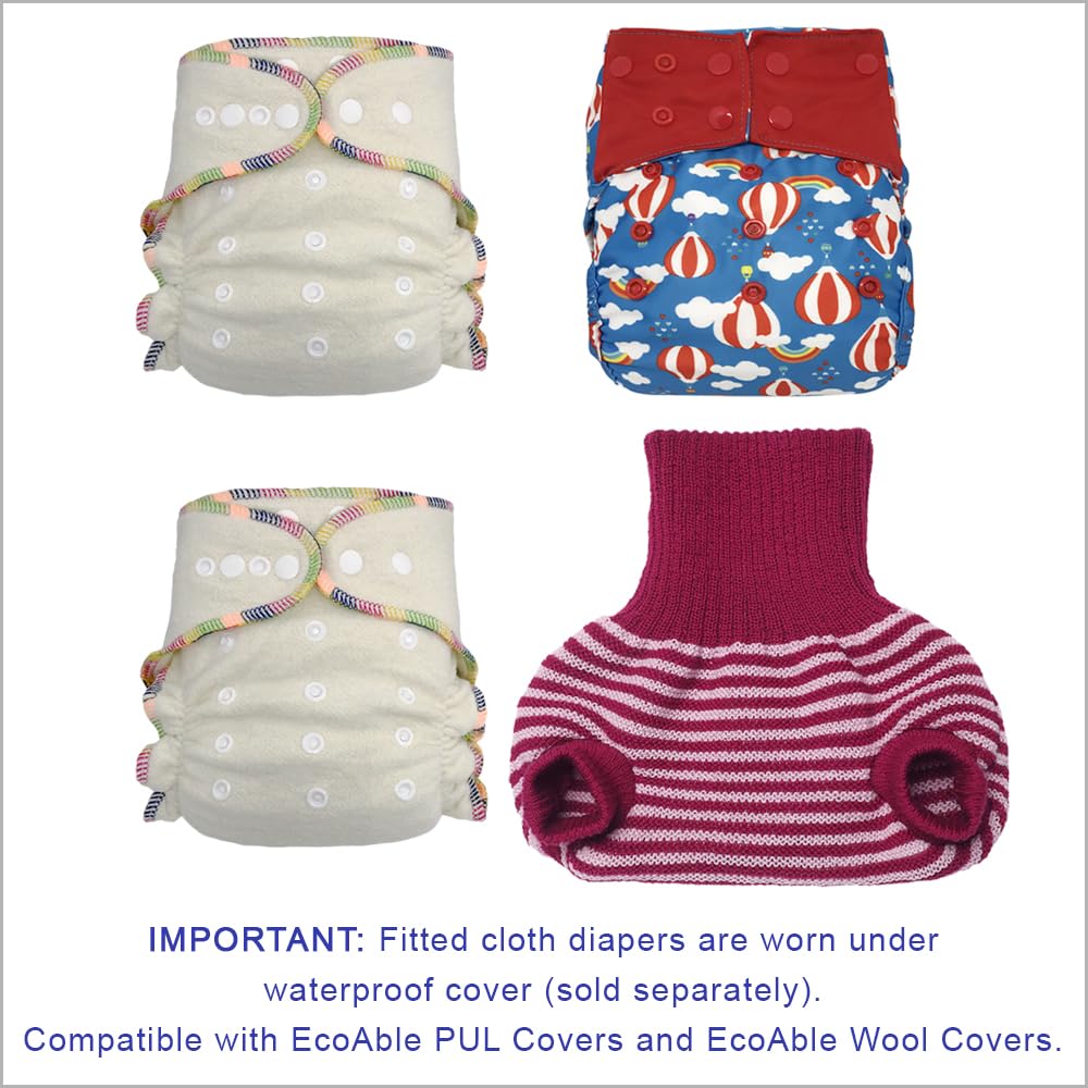 Four colorful cloth diapers on a white background with text about compatibility.