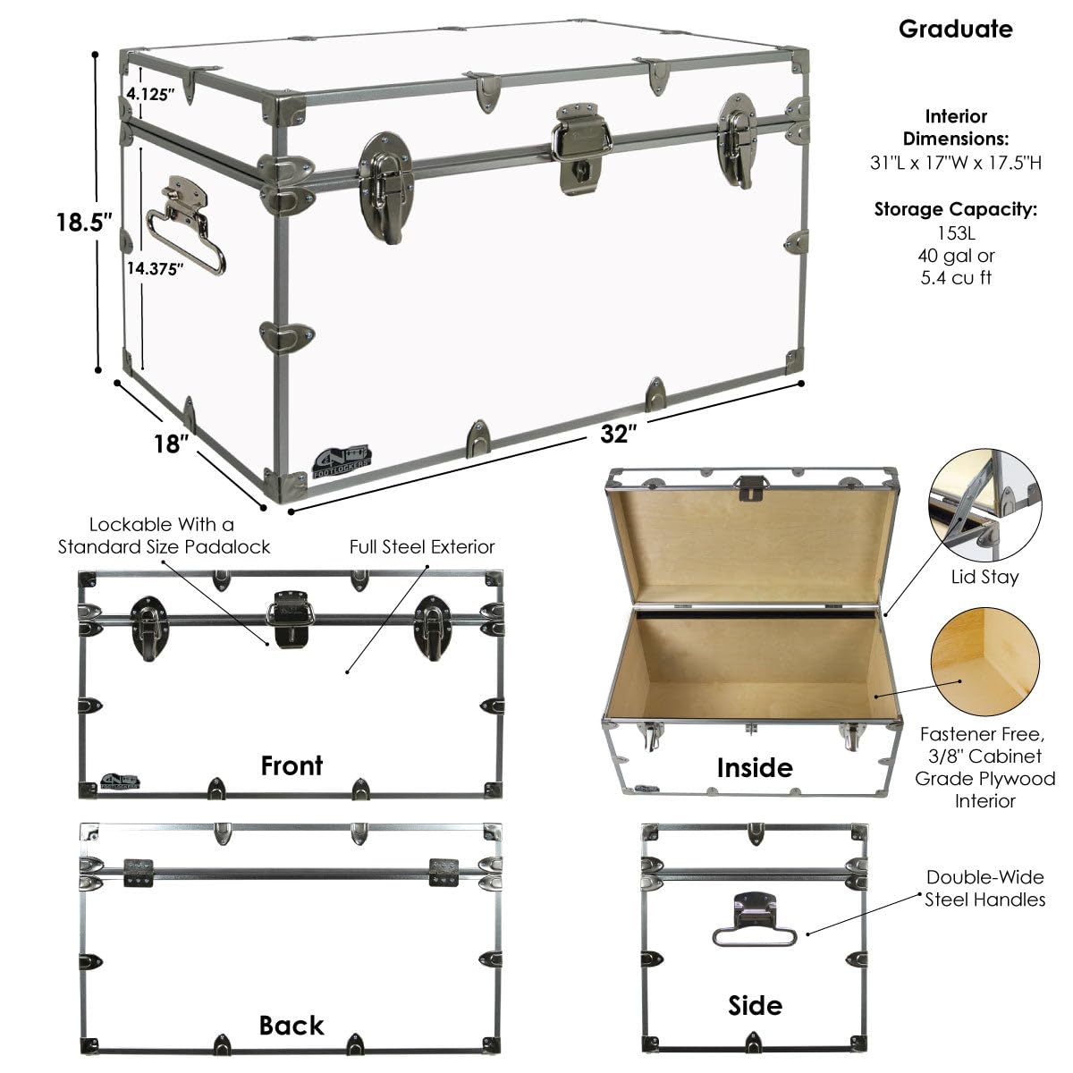 C&N Footlockers XL Graduate Steel Trunk (32×18×18.5″) | TRUE Shift Heavy‑Duty Steel Storage Chest