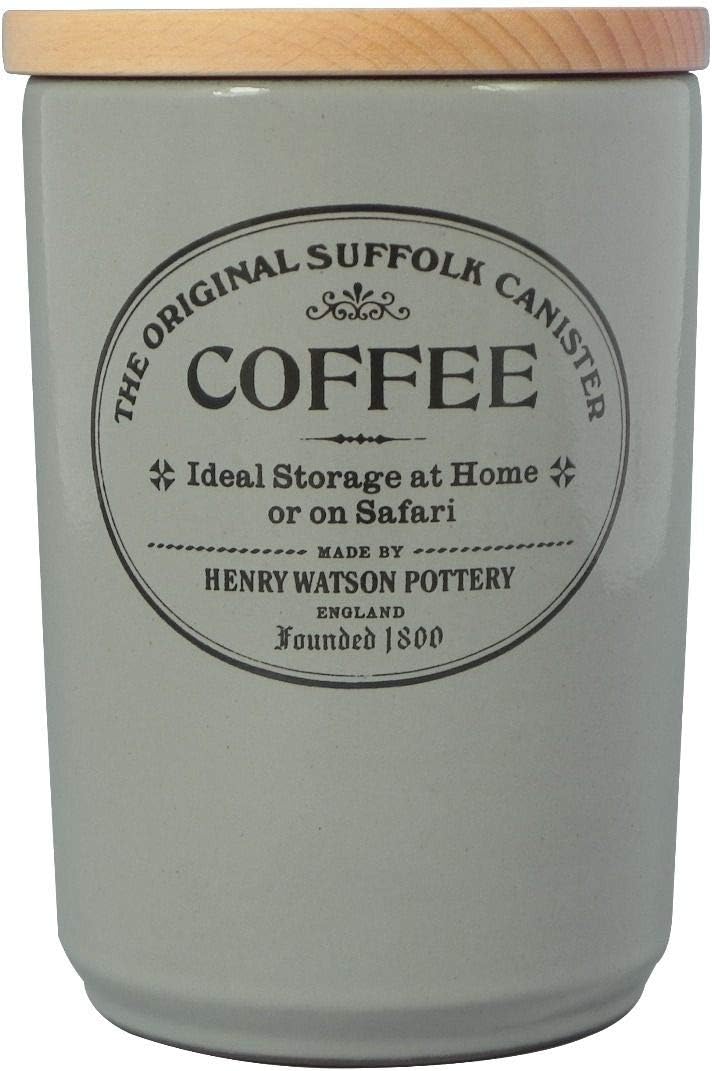 Henry watson coffee canister with wooden lid on a white background