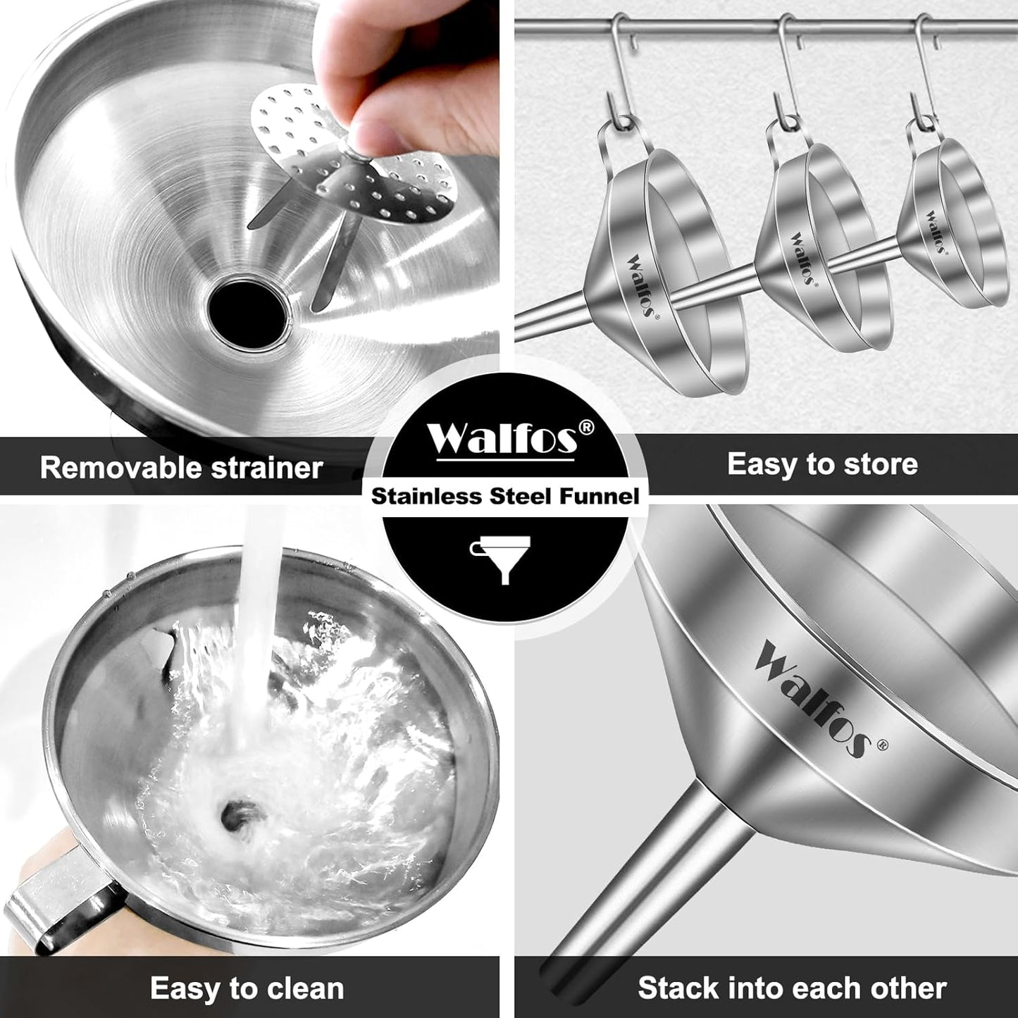 Walfos Stainless Steel Funnel Set: 3-Pack with Removable Strainers