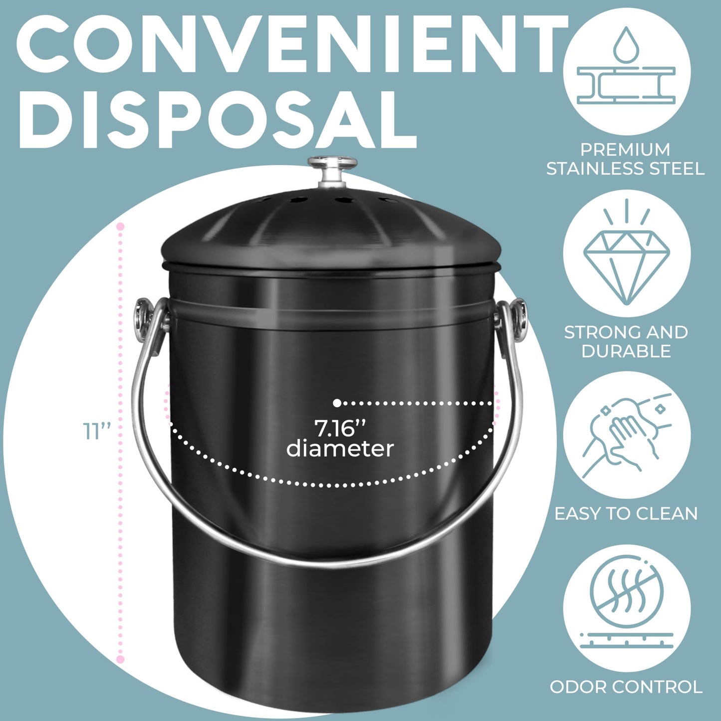EPICA Countertop Compost Bin – 1.3 Gallon Stainless Steel, Toxin‑Free & Odorless