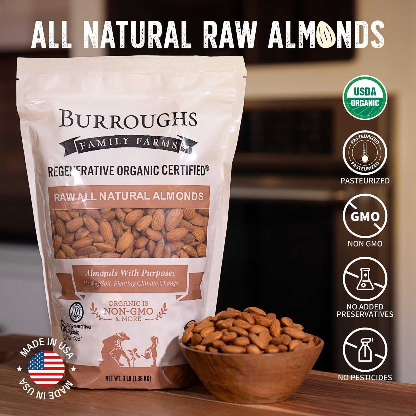 Burroughs Family Farms Regenerative Organic Raw Almonds | TRUE Shift Soil‑Restoring Snack (3 lb Bag)