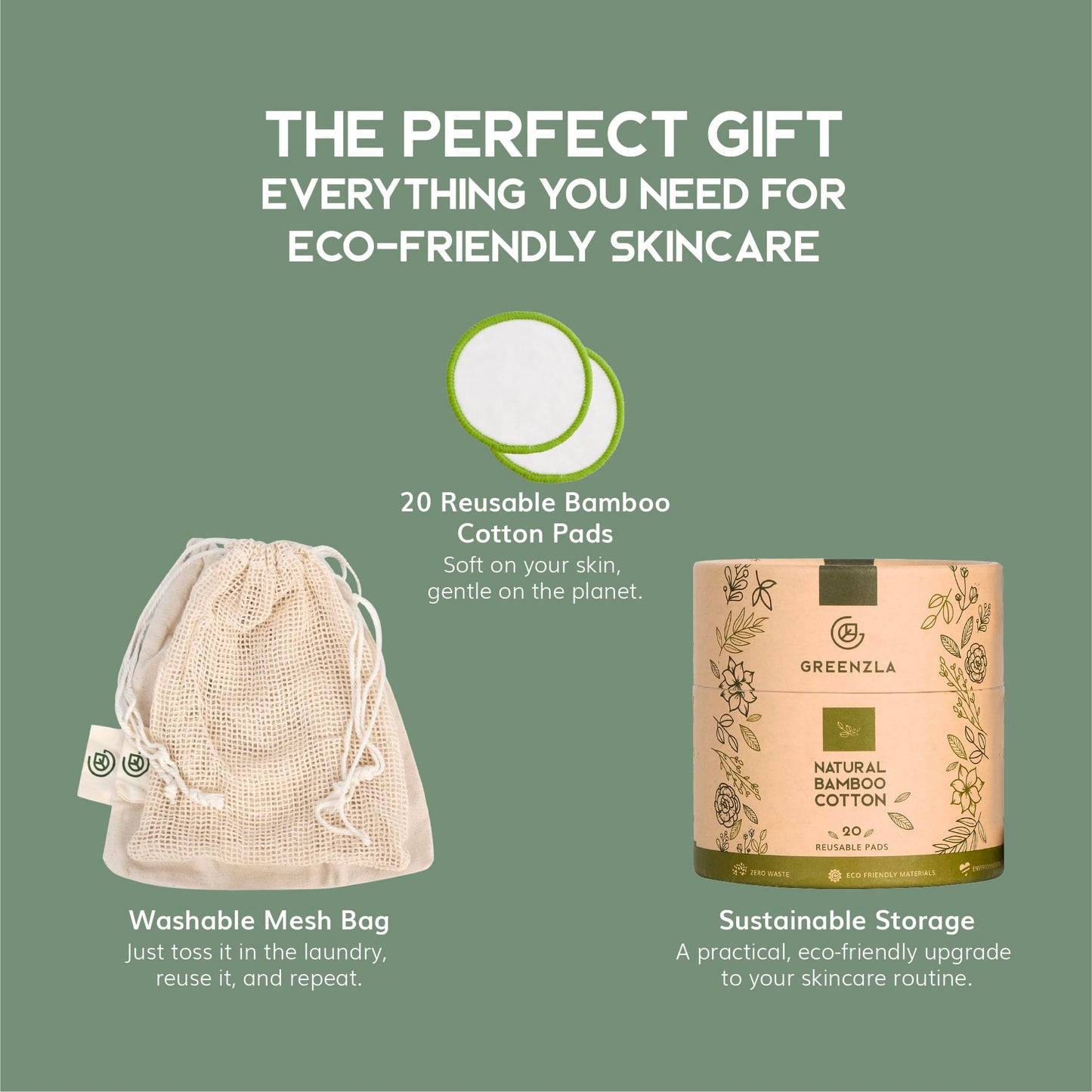 Greenzla Reusable Makeup Remover Pads – 100% Bamboo Cotton & Zero-Waste Set