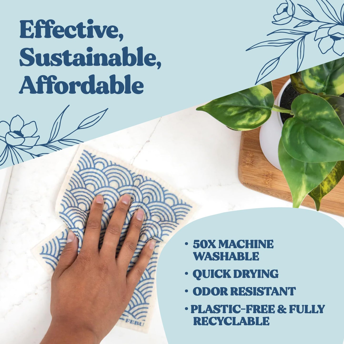 FEBU Swedish Dishcloths – 5 Pack Biodegradable Cotton‑Cellulose Cleaning Cloths