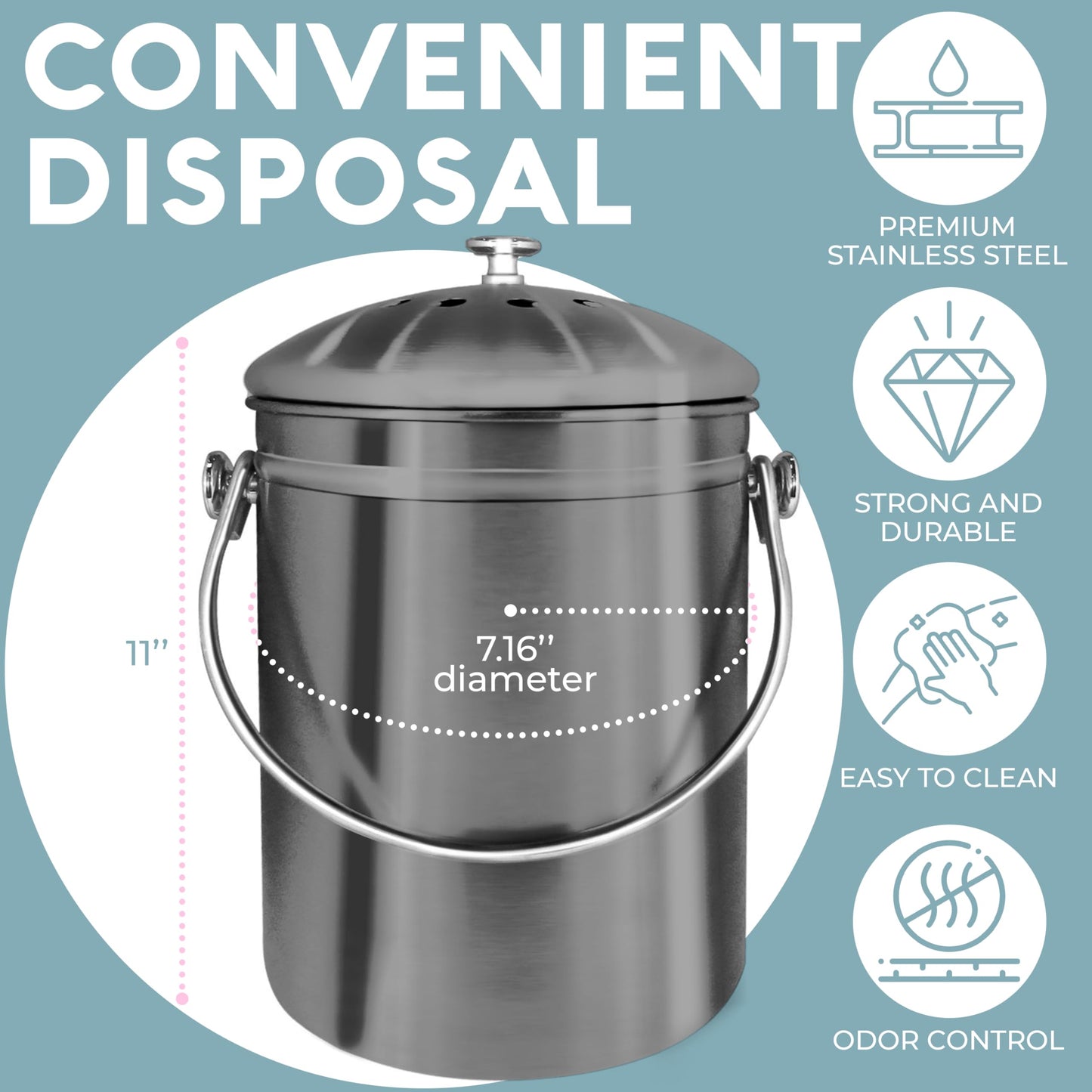 EPICA Countertop Compost Bin – 1.3 Gallon Stainless Steel, Toxin‑Free & Odorless