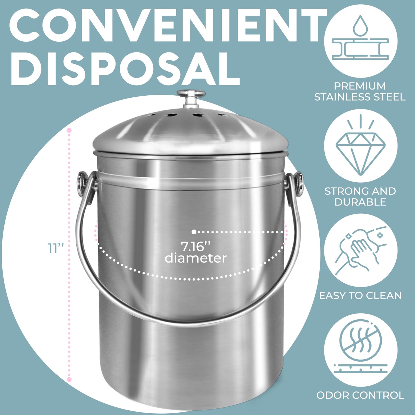 EPICA Countertop Compost Bin – 1.3 Gallon Stainless Steel, Toxin‑Free & Odorless