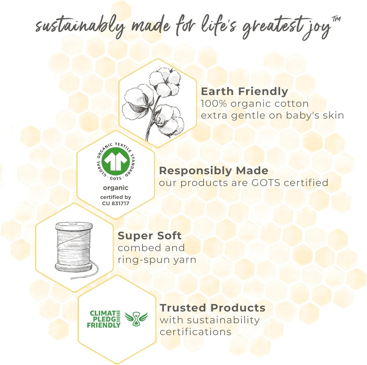 Product label with sustainability claims and certification logos on a light background