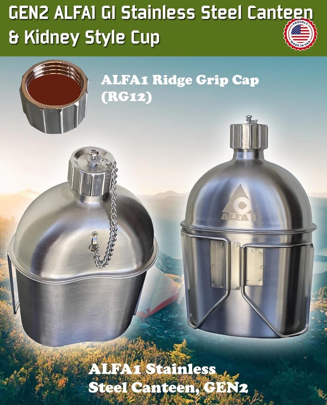 GI Military Grade Stainless Steel Canteen & Kidney Style Cup