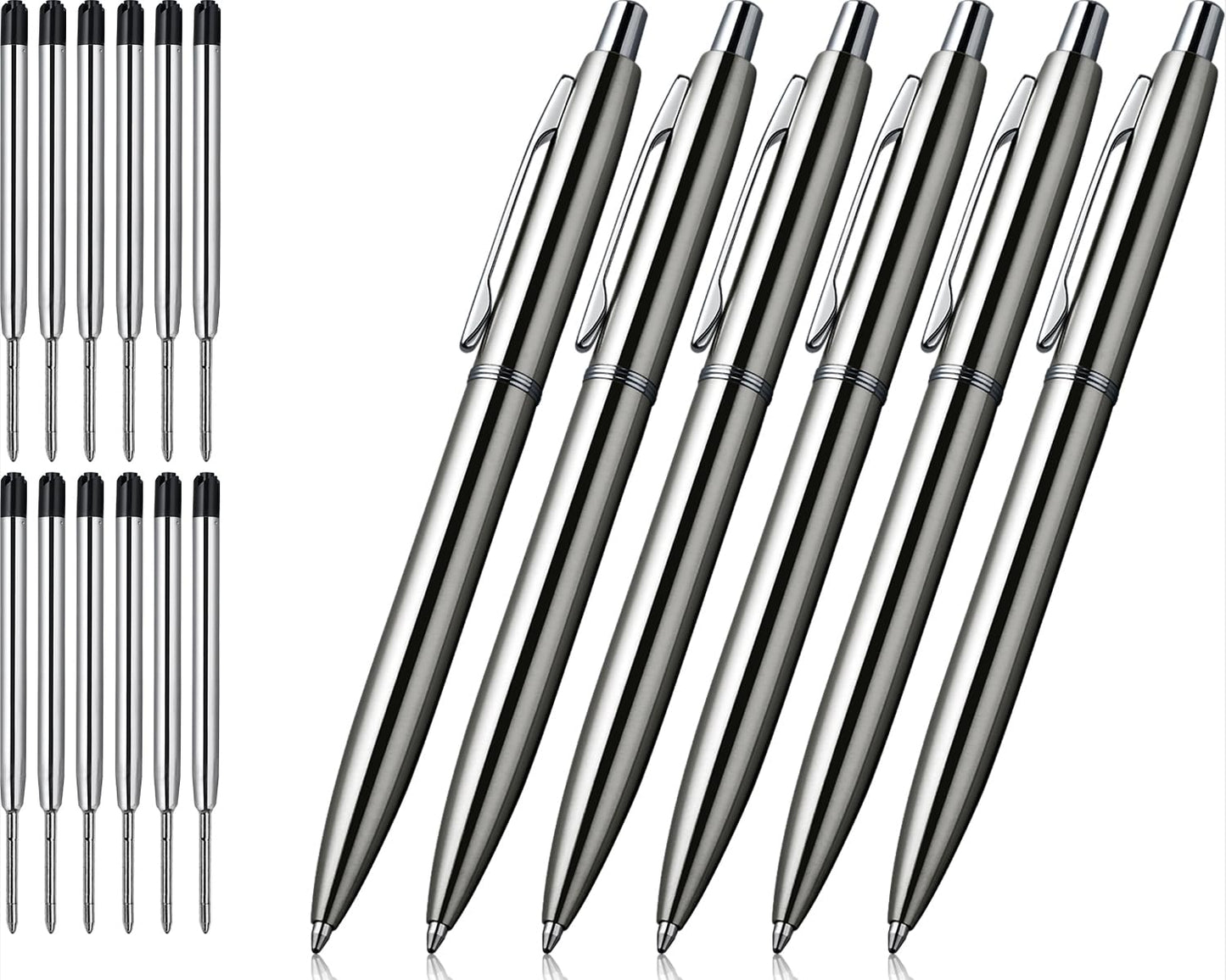 ChaoQ Stainless Steel Retractable Ballpoint Pens (6‑Pack, with 12 Refills) | TRUE Shift Durable Metal Pens