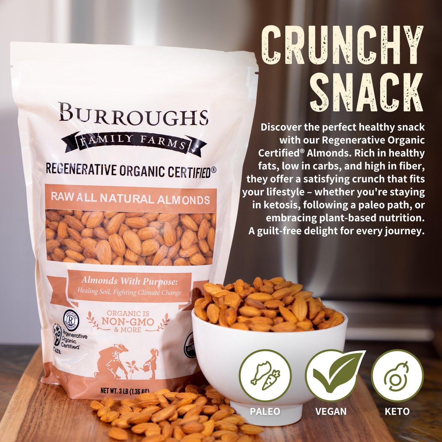 Burroughs Family Farms Regenerative Organic Raw Almonds | TRUE Shift Soil‑Restoring Snack (3 lb Bag)