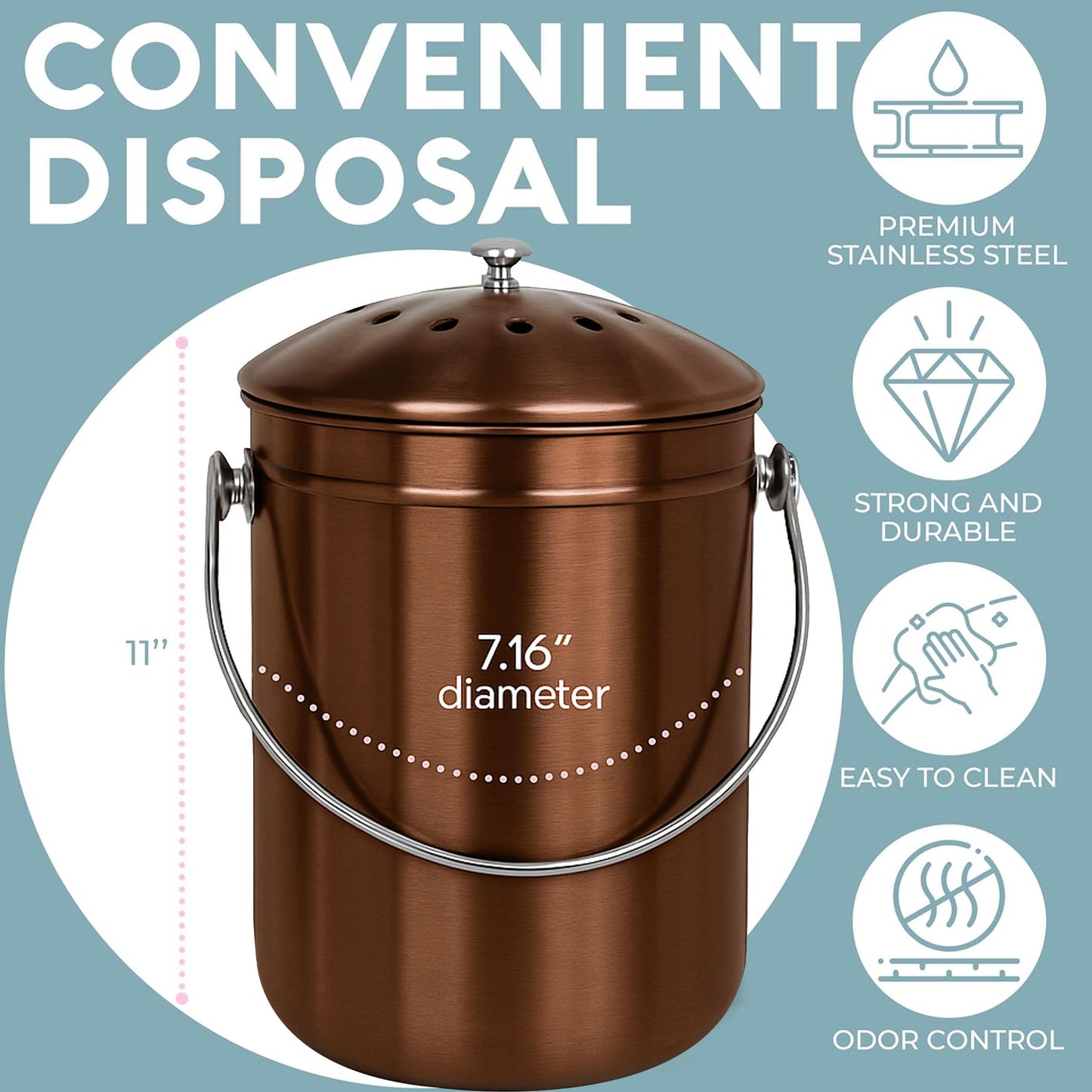 EPICA Countertop Compost Bin – 1.3 Gallon Stainless Steel, Toxin‑Free & Odorless