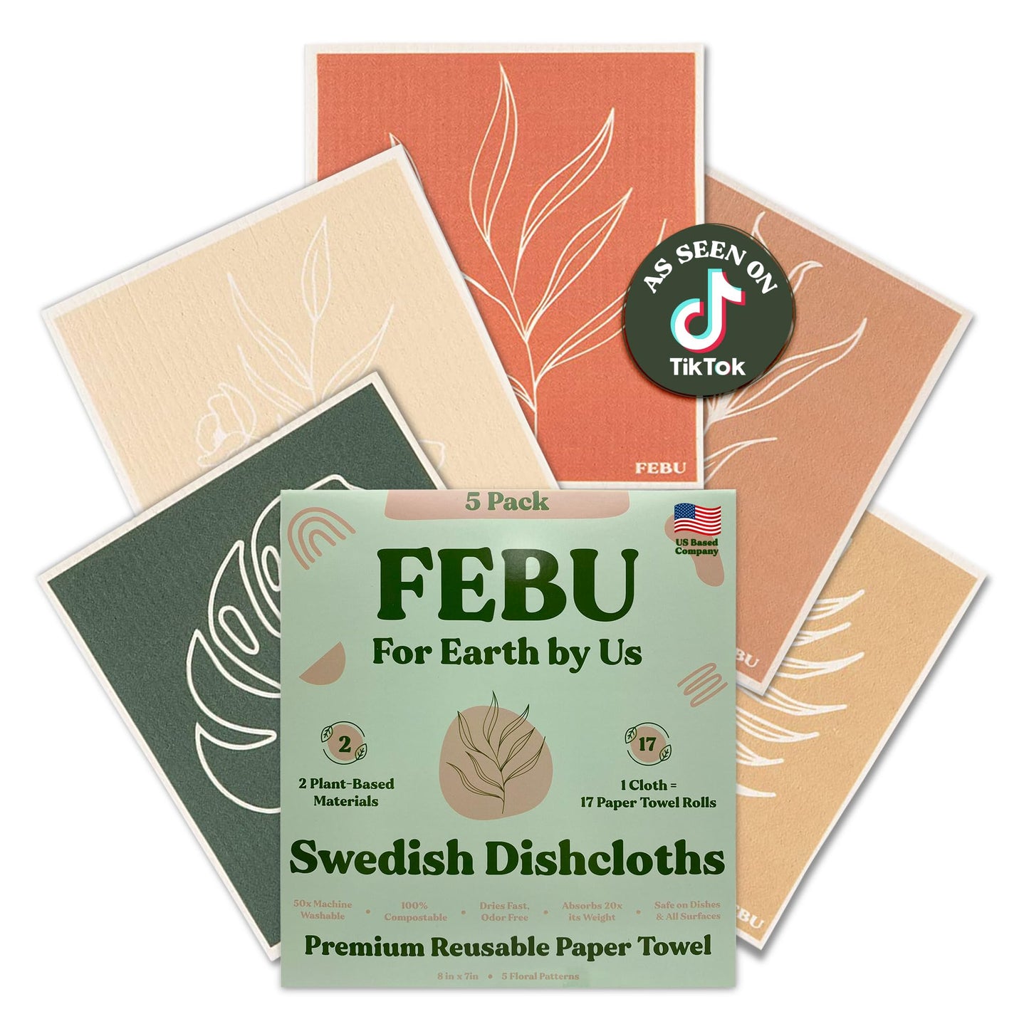 FEBU Swedish Dishcloths – 5 Pack Biodegradable Cotton‑Cellulose Cleaning Cloths