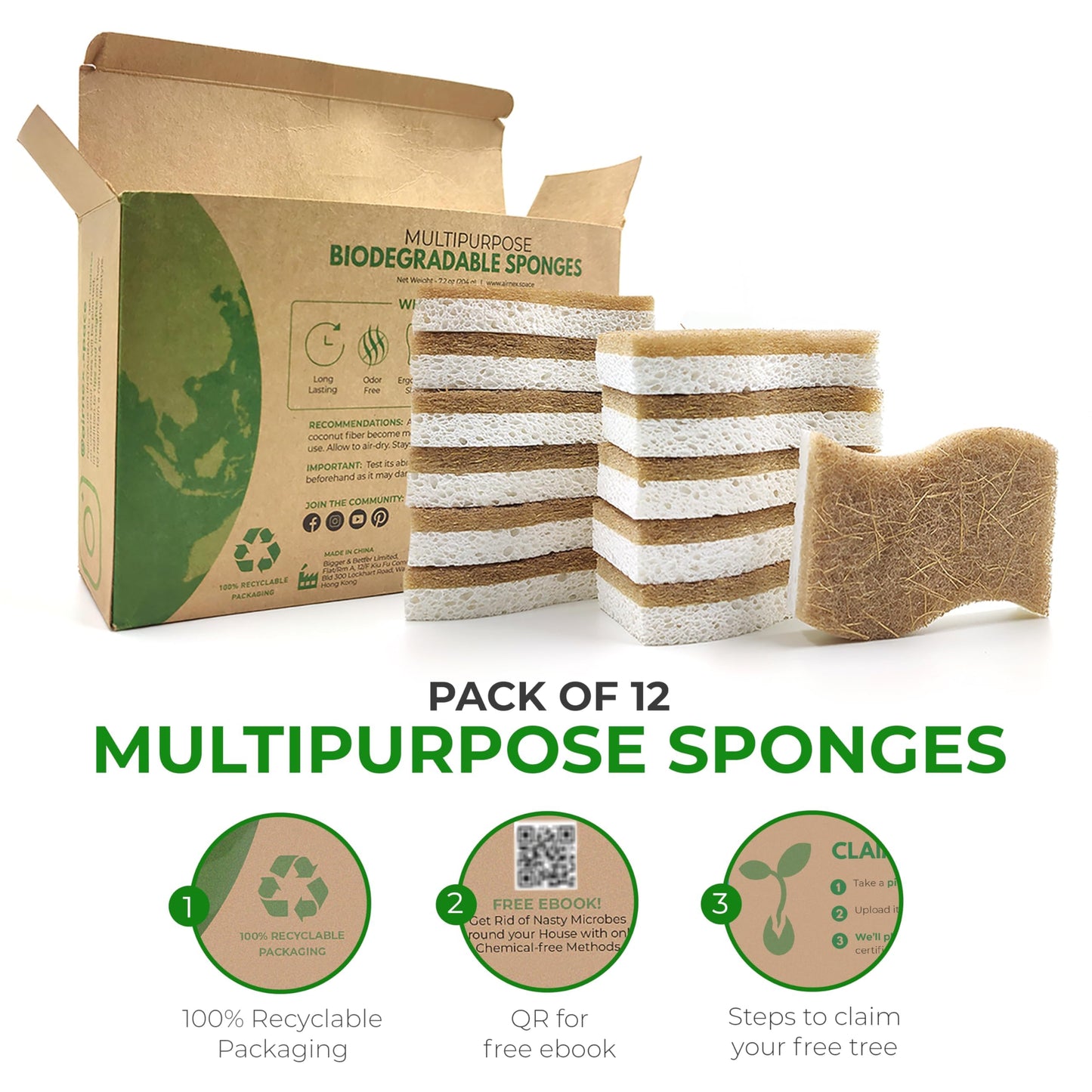 Natural Kitchen Sponge – Biodegradable Compostable Cellulose & Coconut Scrubber