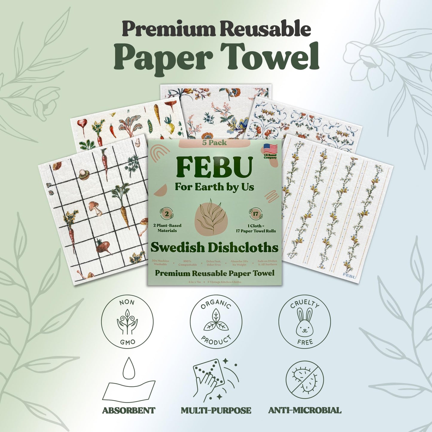 FEBU Swedish Dishcloths – 5 Pack Biodegradable Cotton‑Cellulose Cleaning Cloths