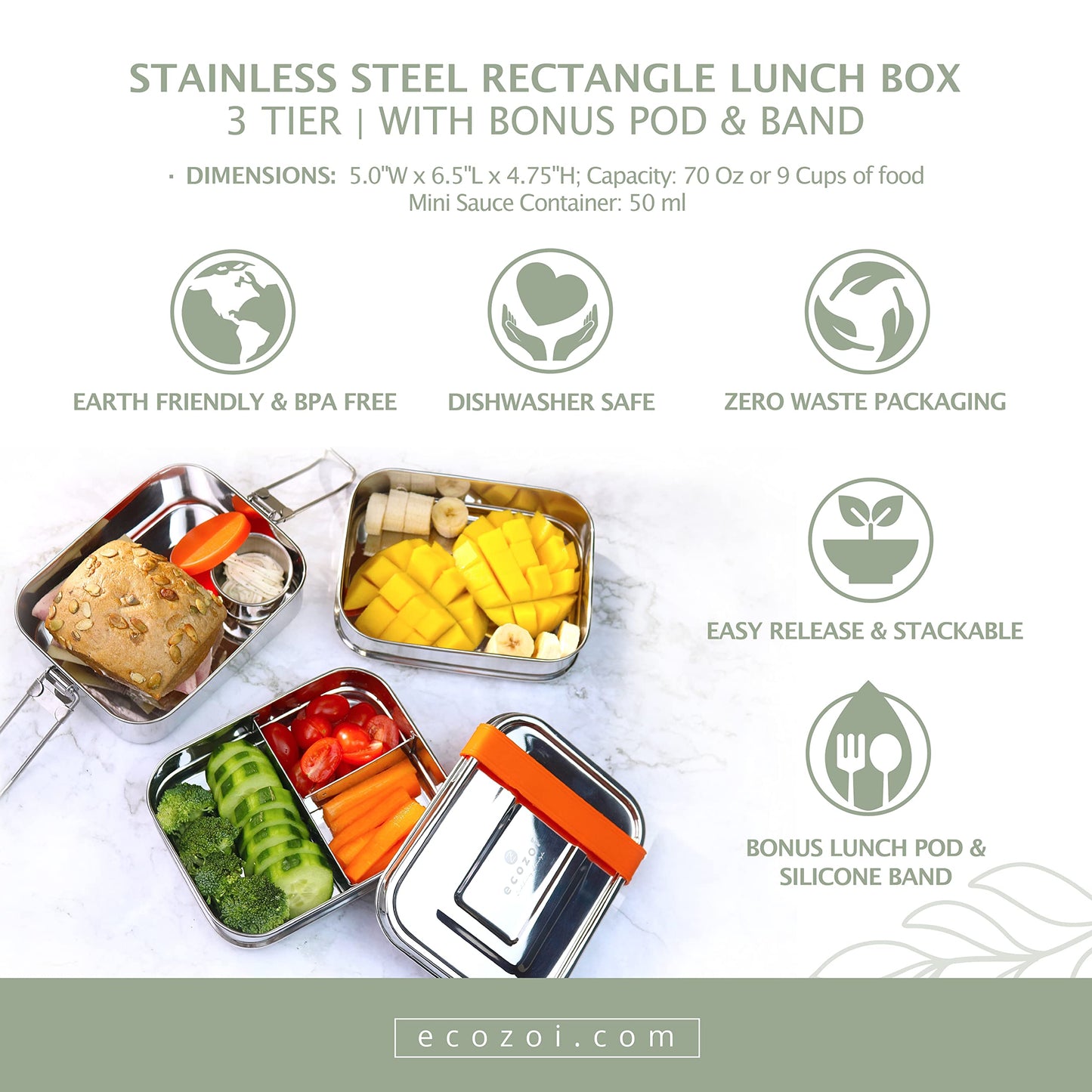ecozoi 3‑in‑1 Leak‑Proof Stainless Steel Bento Lunch Box | TRUE Shift Reusable Metal Food Container
