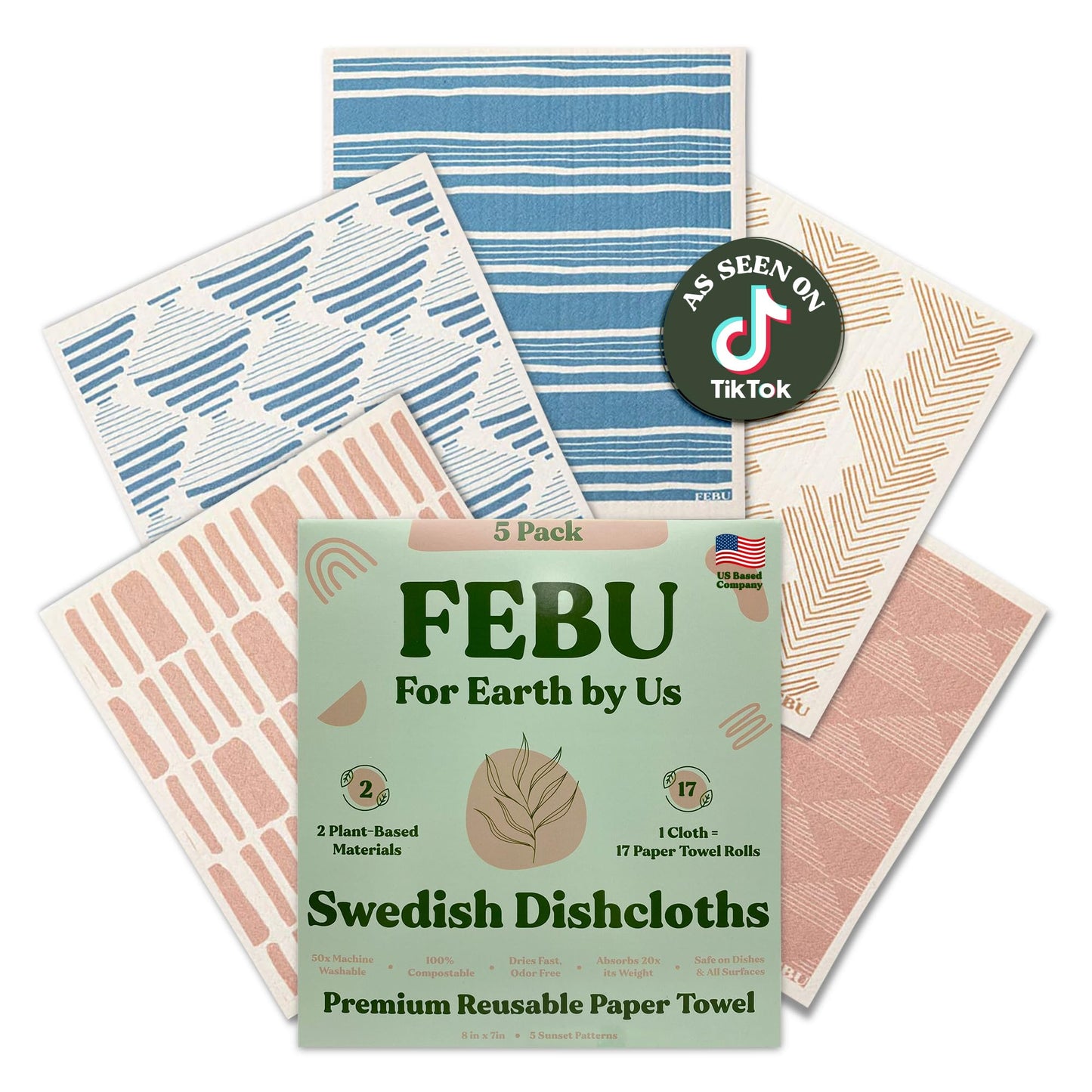 FEBU Swedish Dishcloths – 5 Pack Biodegradable Cotton‑Cellulose Cleaning Cloths