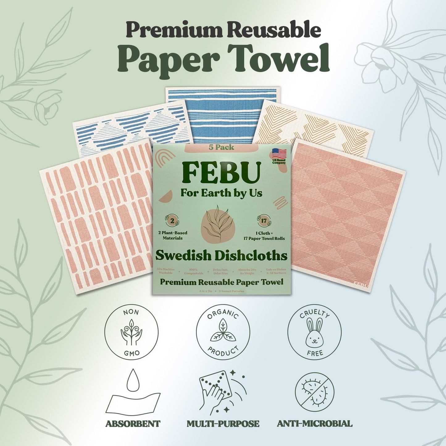 FEBU Swedish Dishcloths – 5 Pack Biodegradable Cotton‑Cellulose Cleaning Cloths