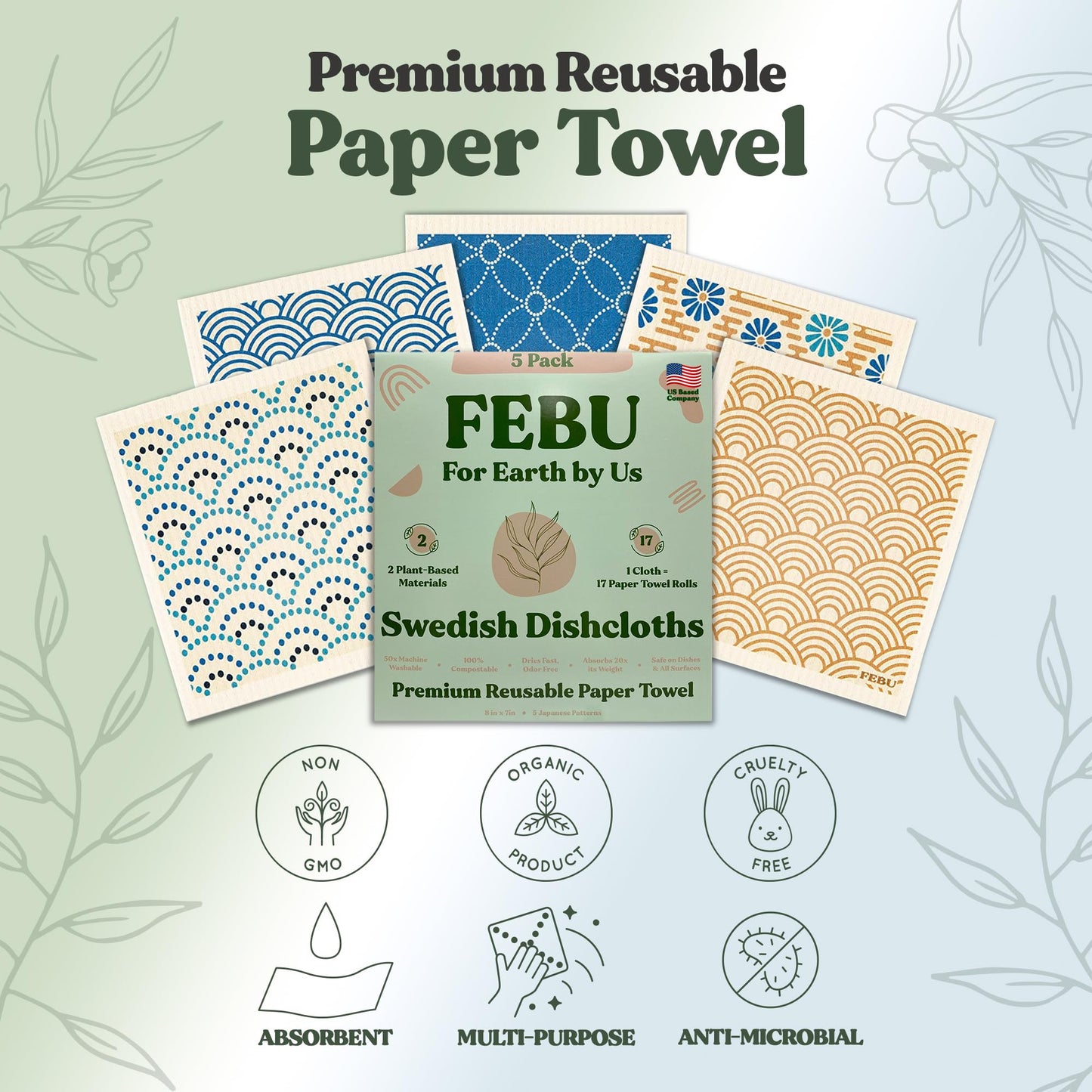 FEBU Swedish Dishcloths – 5 Pack Biodegradable Cotton‑Cellulose Cleaning Cloths