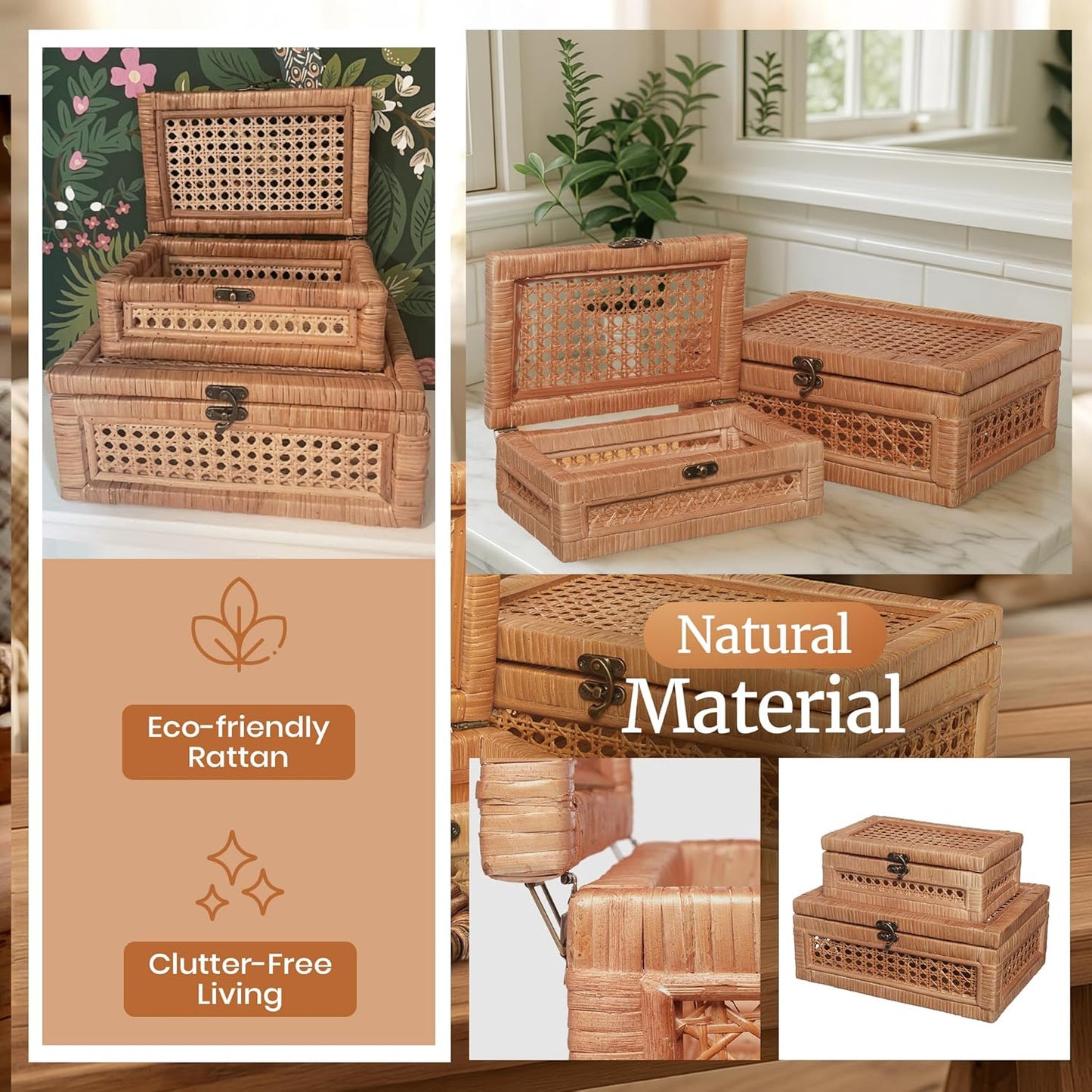 CASALLURA Handcrafted Rattan Storage Box Set with Hinged Lids
