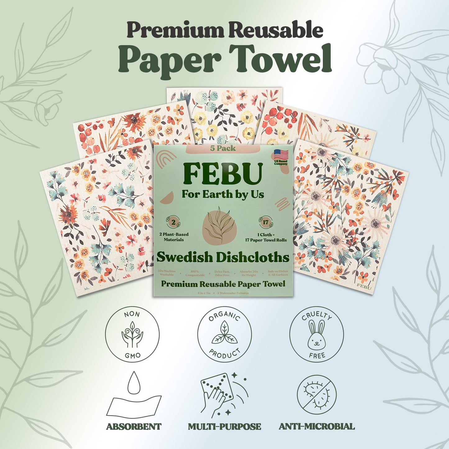 FEBU Swedish Dishcloths – 5 Pack Biodegradable Cotton‑Cellulose Cleaning Cloths