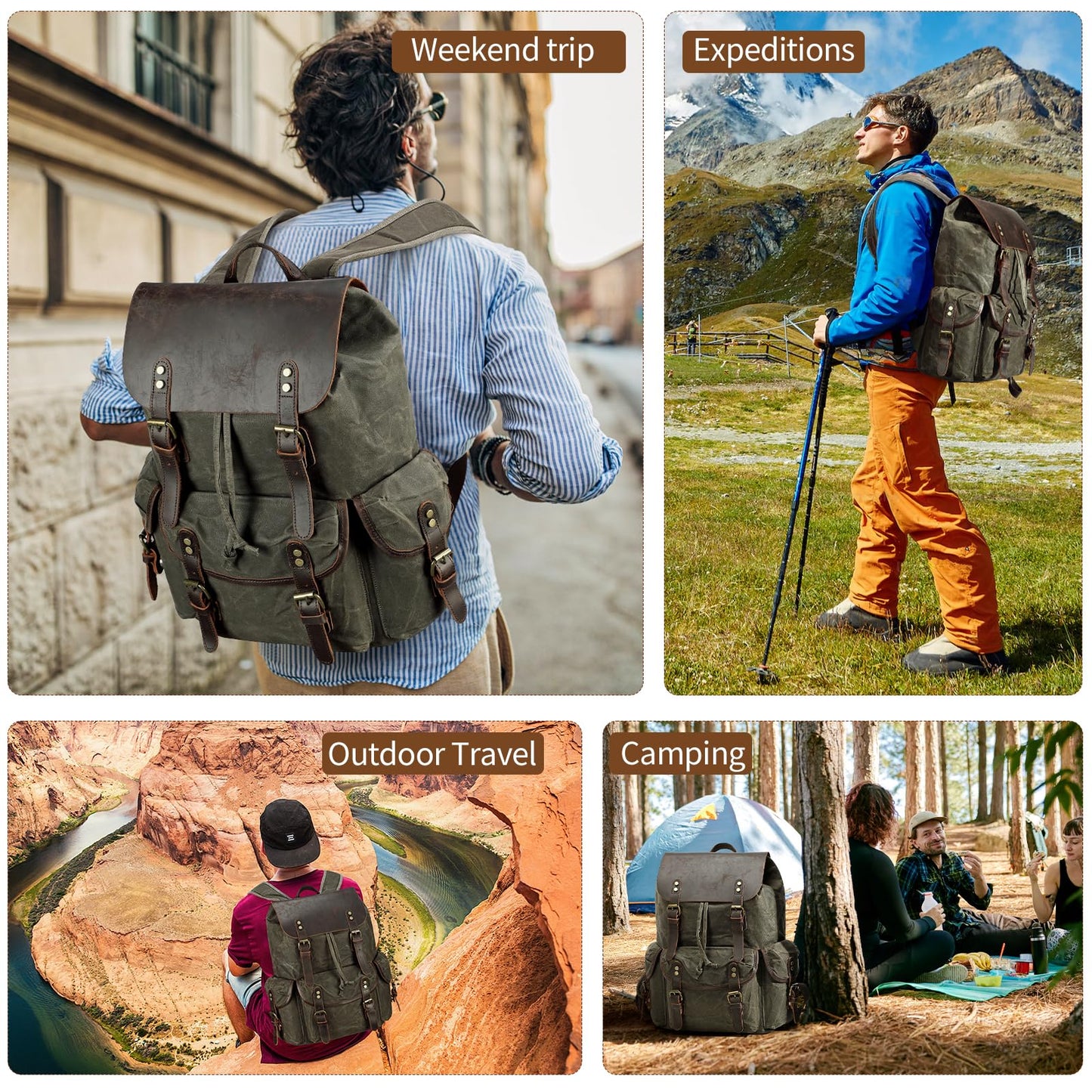 Wogarl Vintage Waxed Canvas & Genuine Crazy Horse Leather Backpack