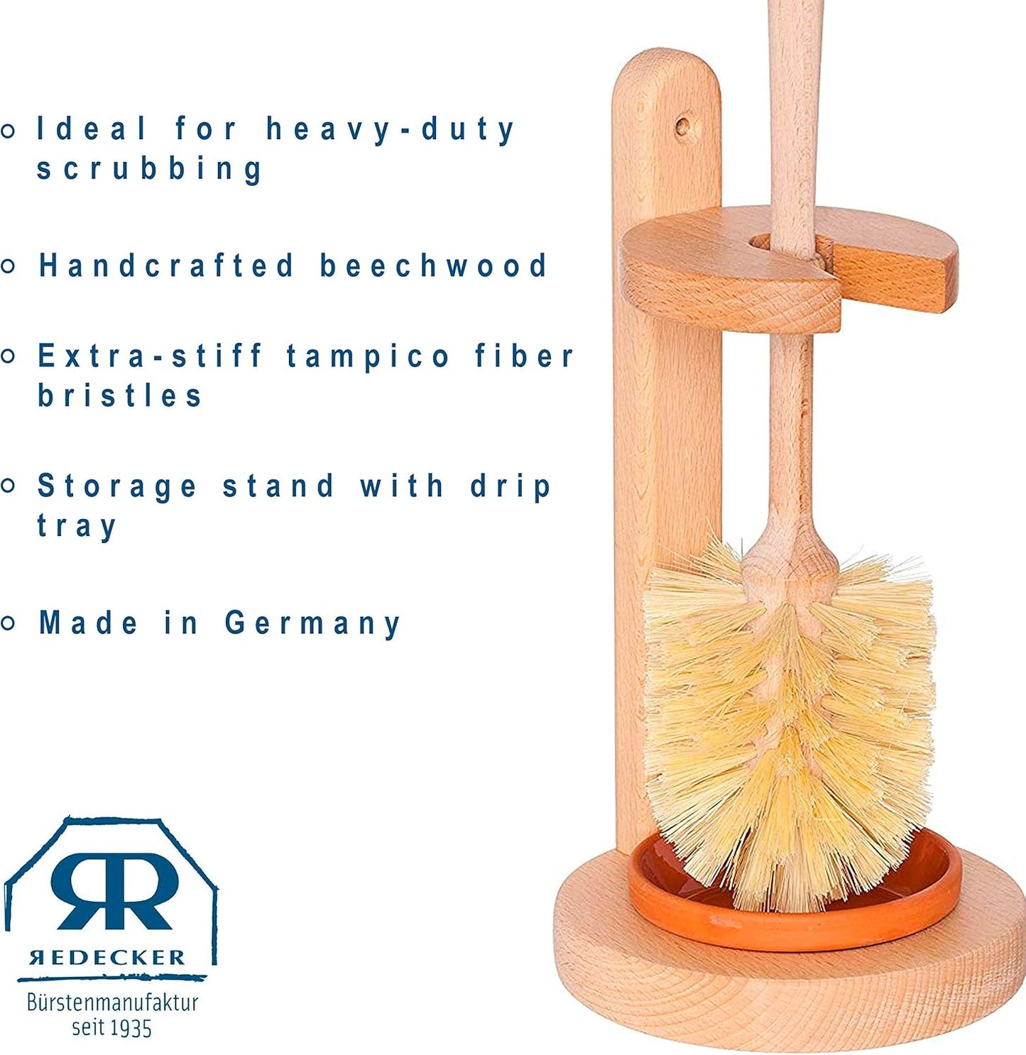 Redecker Beechwood Toilet Brush & Stand – Tampico Fiber, Plastic‑Free & Made in Germany