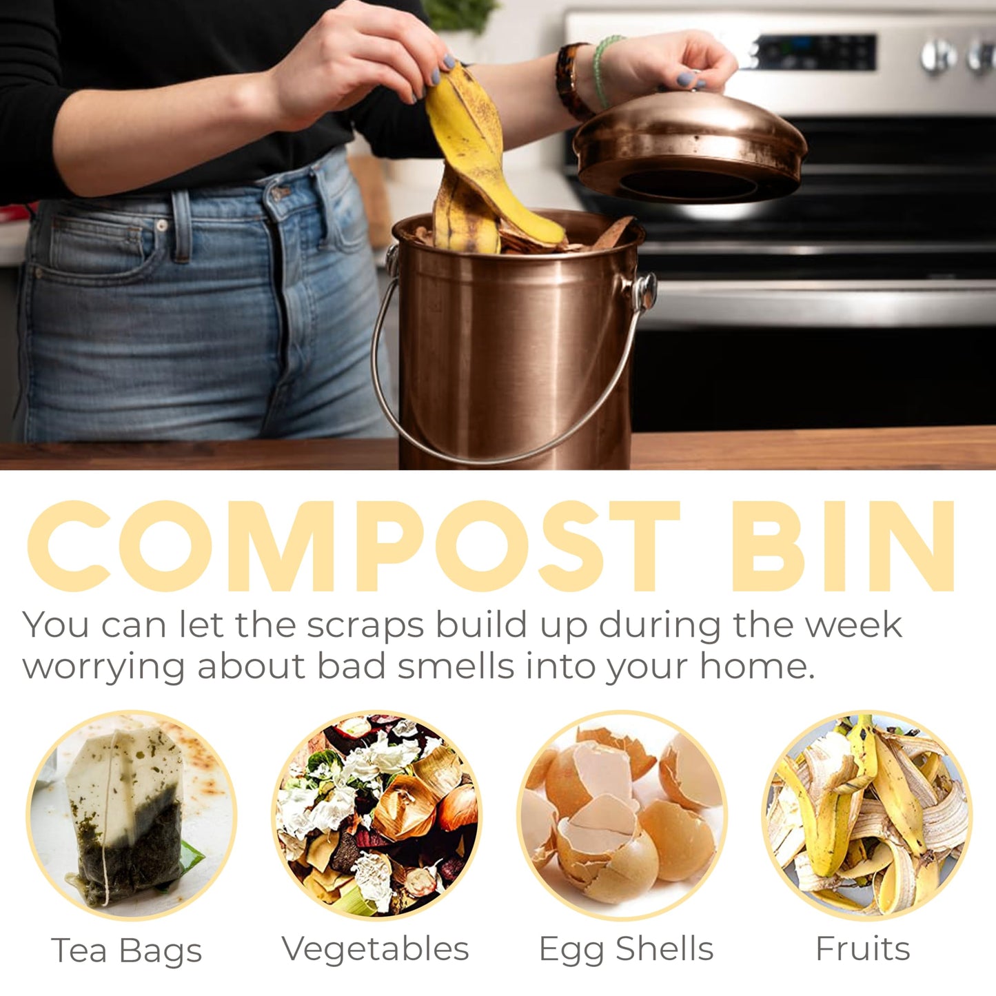 EPICA Countertop Compost Bin – 1.3 Gallon Stainless Steel, Toxin‑Free & Odorless