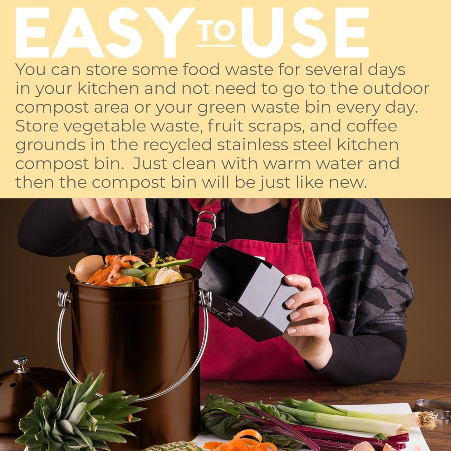 EPICA Countertop Compost Bin – 1.3 Gallon Stainless Steel, Toxin‑Free & Odorless