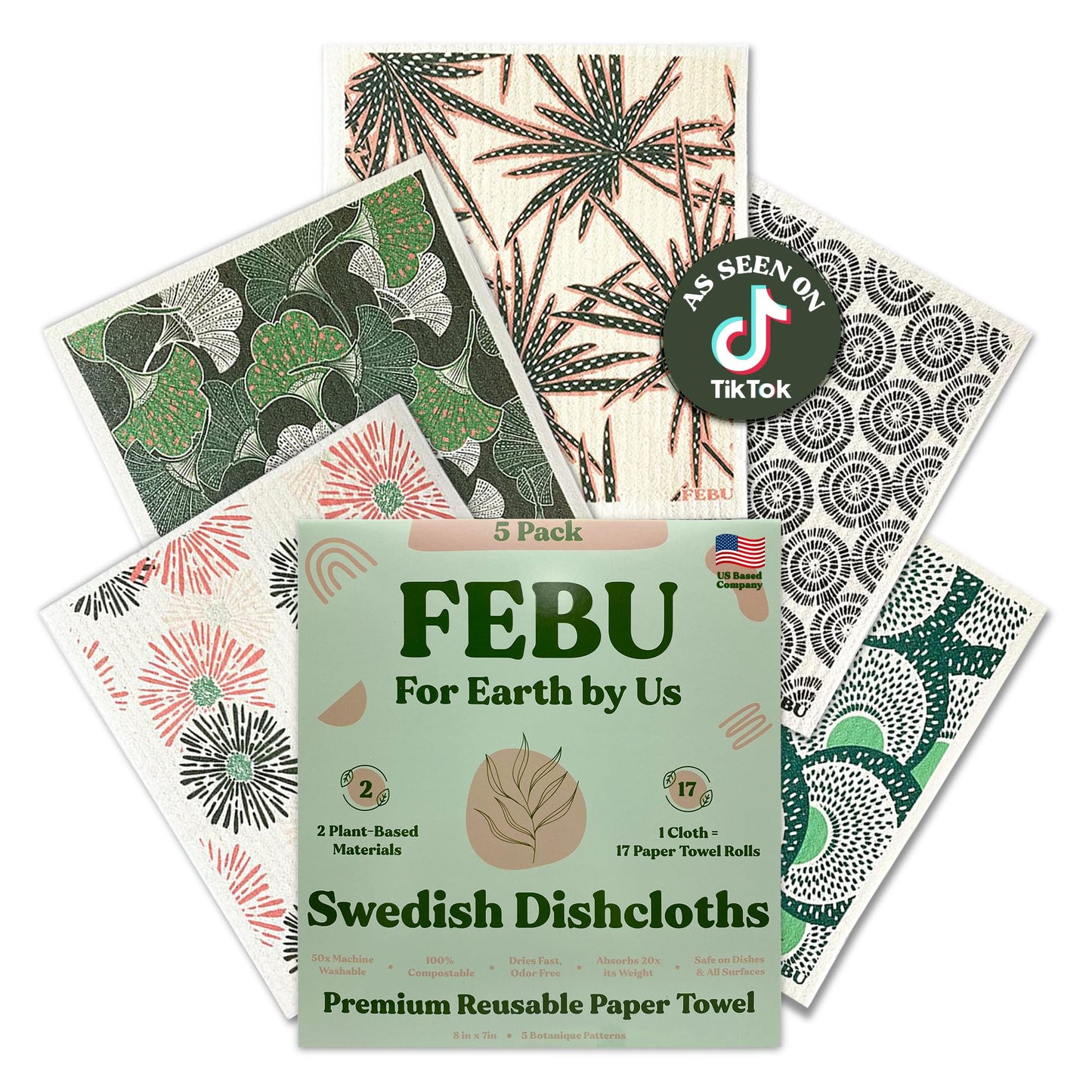 FEBU Swedish Dishcloths – 5 Pack Biodegradable Cotton‑Cellulose Cleaning Cloths