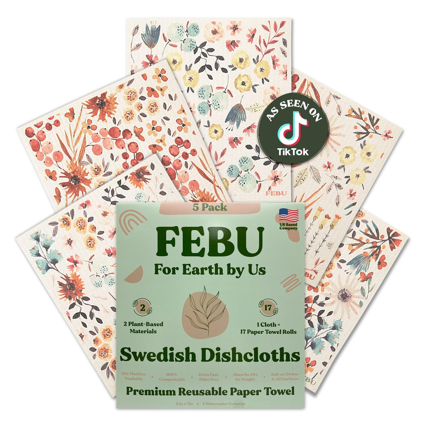 FEBU Swedish Dishcloths – 5 Pack Biodegradable Cotton‑Cellulose Cleaning Cloths