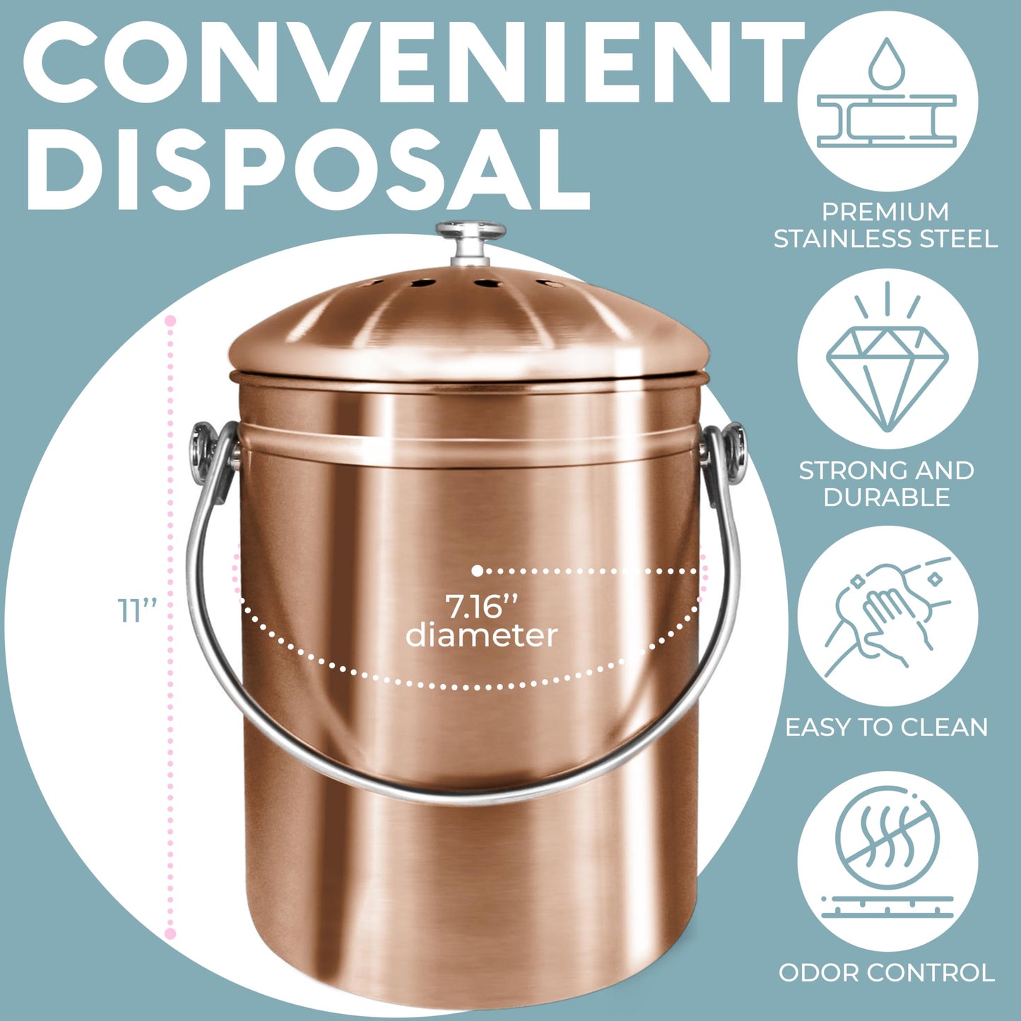 EPICA Countertop Compost Bin – 1.3 Gallon Stainless Steel, Toxin‑Free & Odorless