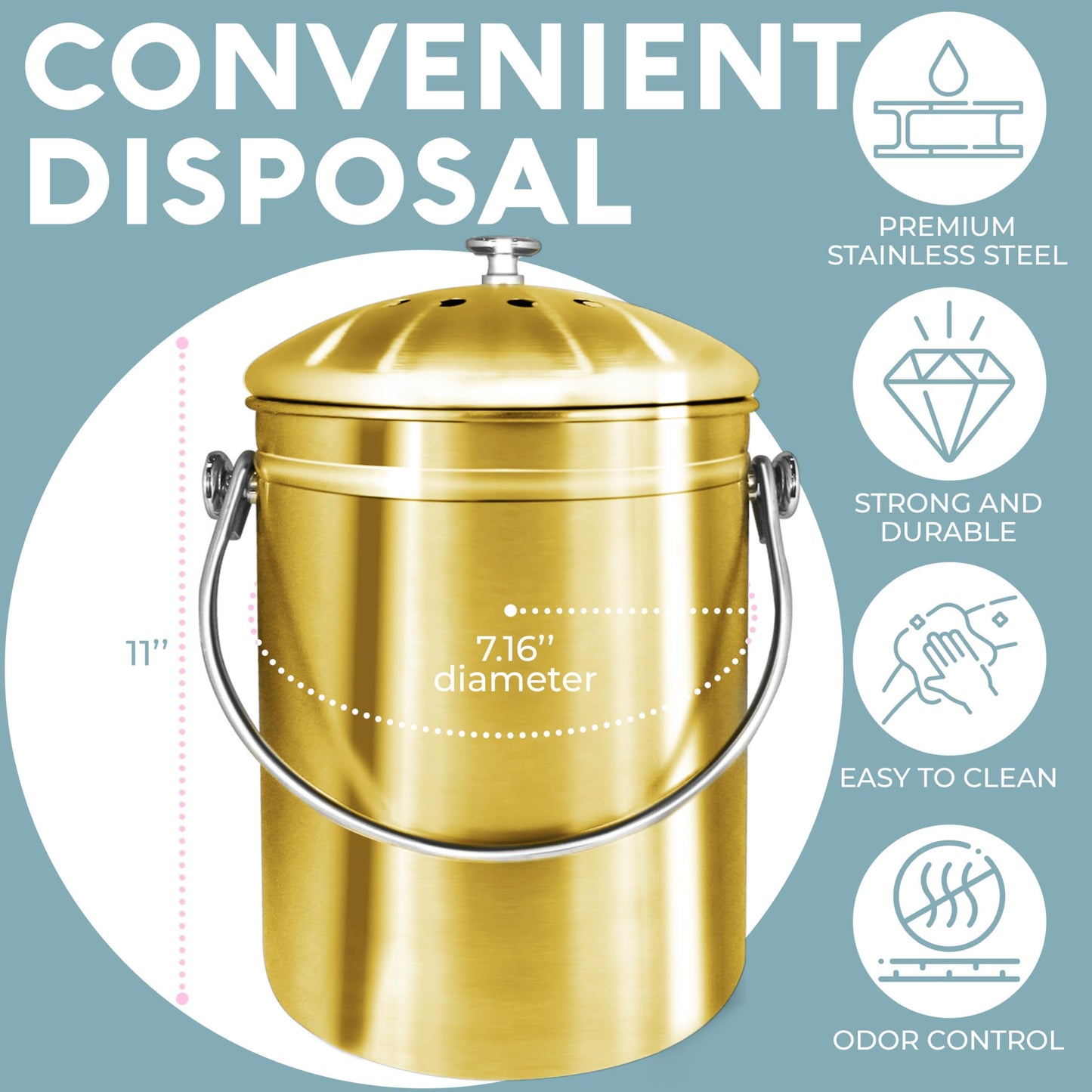 EPICA Countertop Compost Bin – 1.3 Gallon Stainless Steel, Toxin‑Free & Odorless