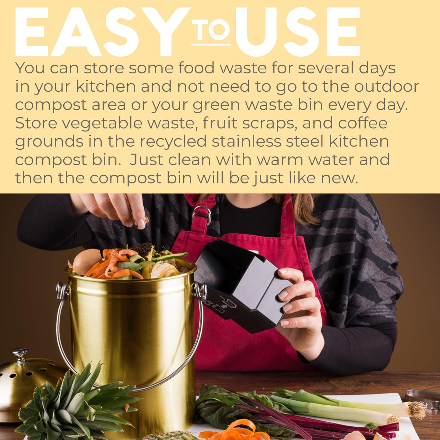 EPICA Countertop Compost Bin – 1.3 Gallon Stainless Steel, Toxin‑Free & Odorless