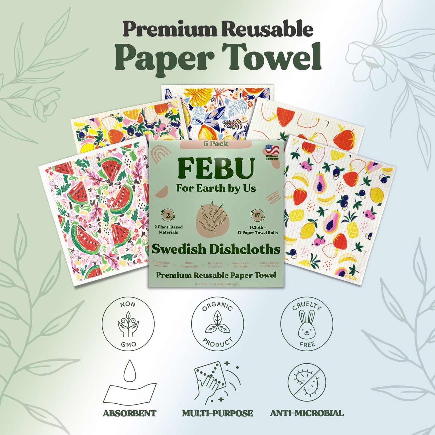 FEBU Swedish Dishcloths – 5 Pack Biodegradable Cotton‑Cellulose Cleaning Cloths