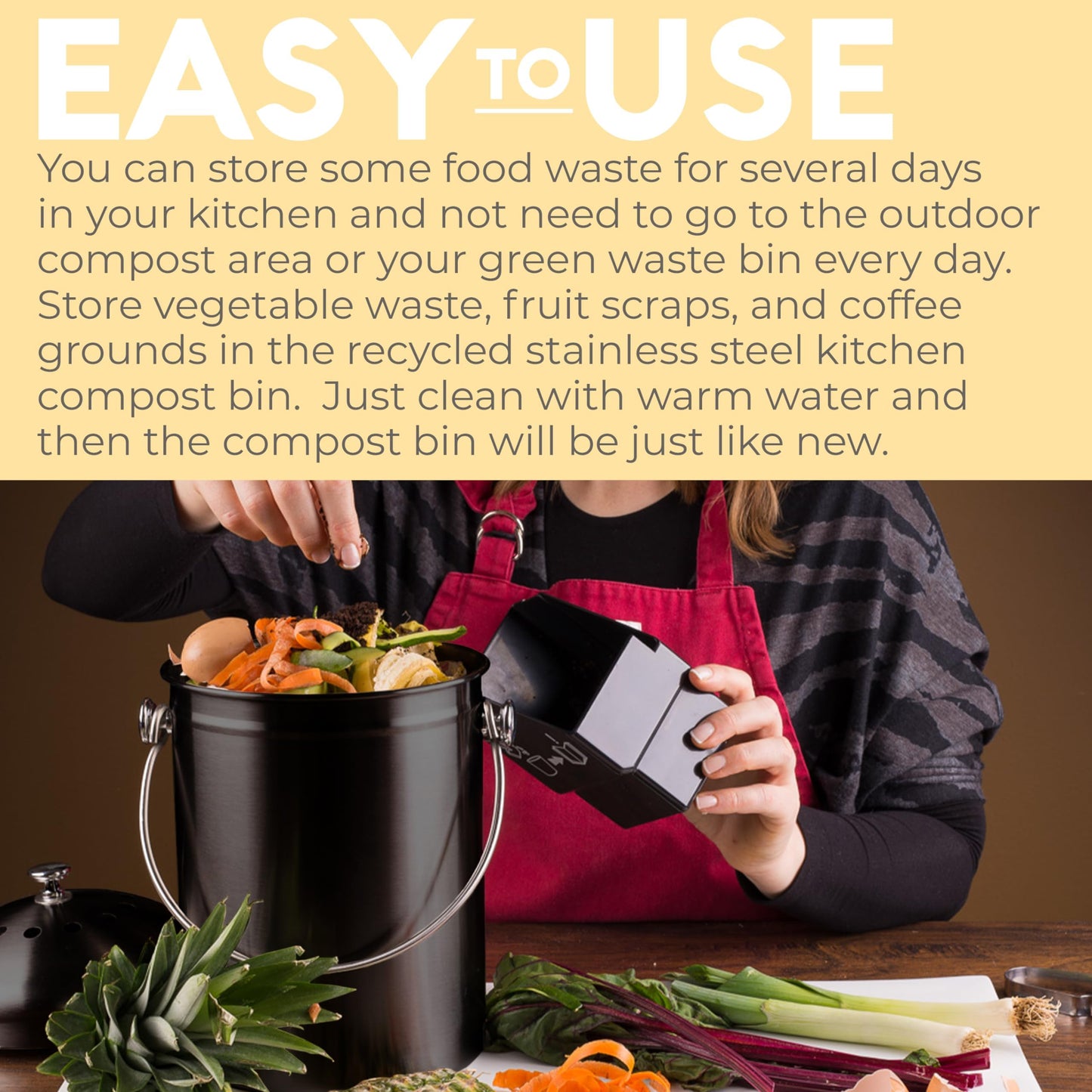 EPICA Countertop Compost Bin – 1.3 Gallon Stainless Steel, Toxin‑Free & Odorless