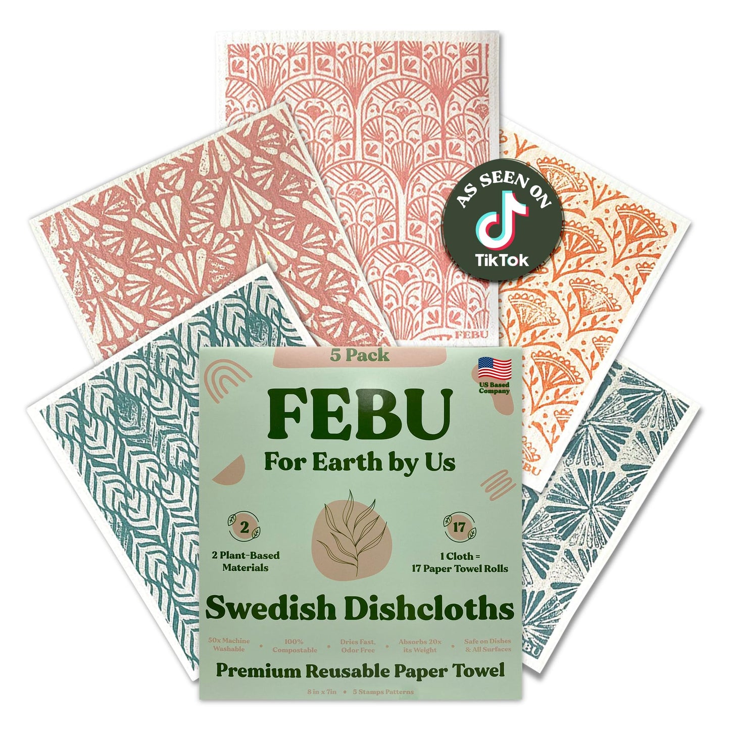 FEBU Swedish Dishcloths – 5 Pack Biodegradable Cotton‑Cellulose Cleaning Cloths