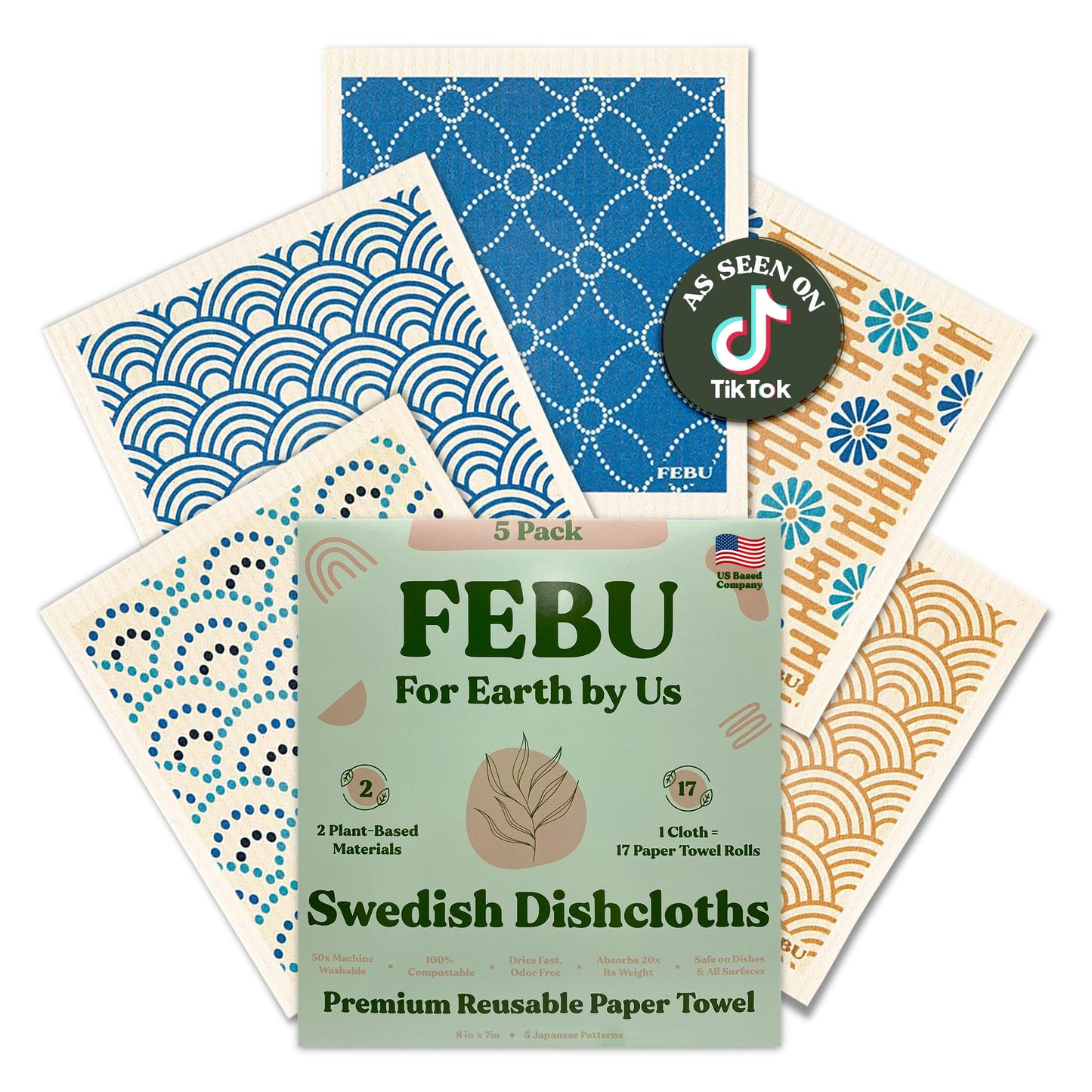FEBU Swedish Dishcloths – 5 Pack Biodegradable Cotton‑Cellulose Cleaning Cloths