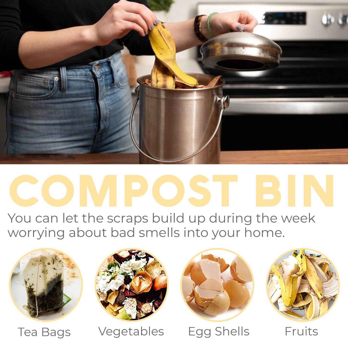 EPICA Countertop Compost Bin – 1.3 Gallon Stainless Steel, Toxin‑Free & Odorless