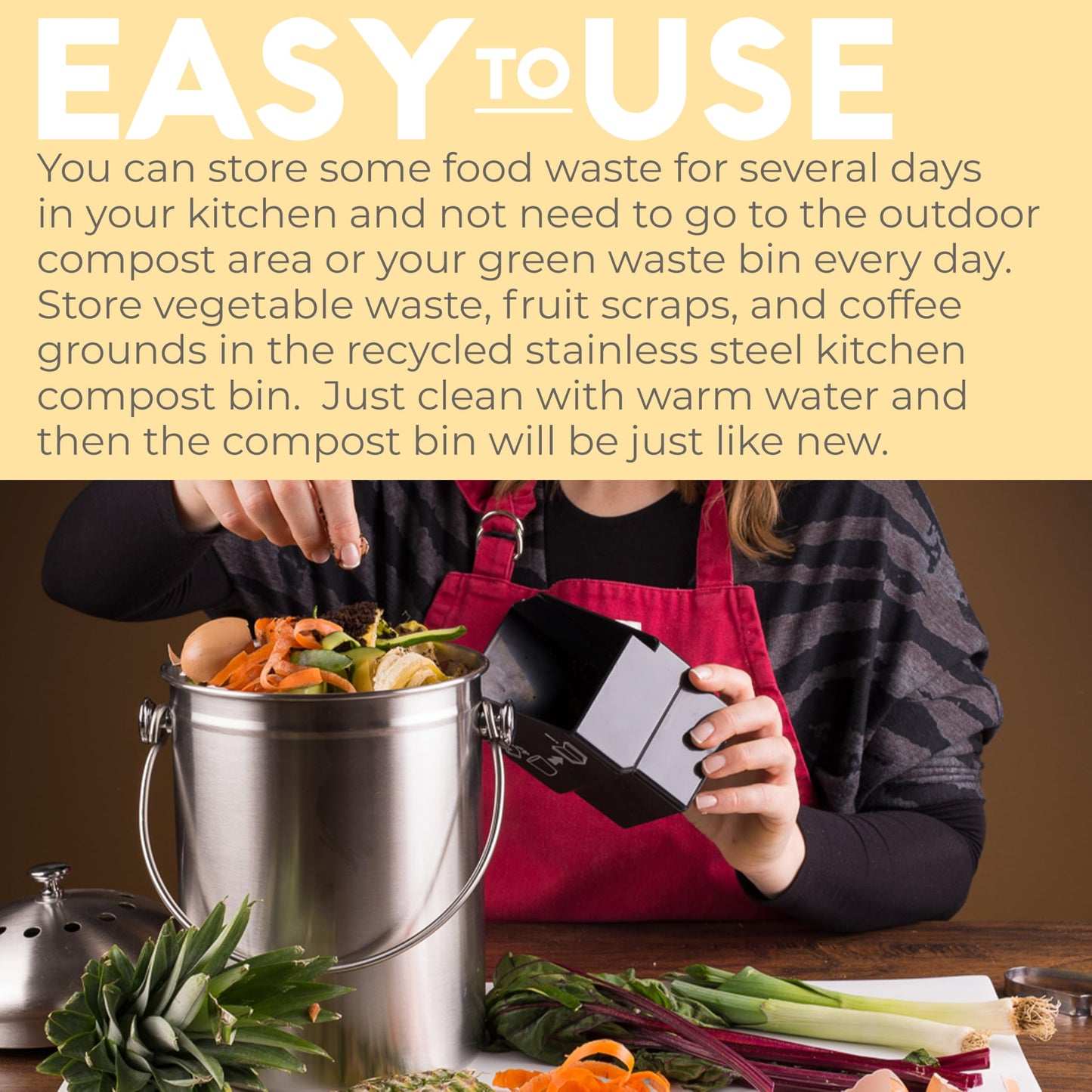 EPICA Countertop Compost Bin – 1.3 Gallon Stainless Steel, Toxin‑Free & Odorless