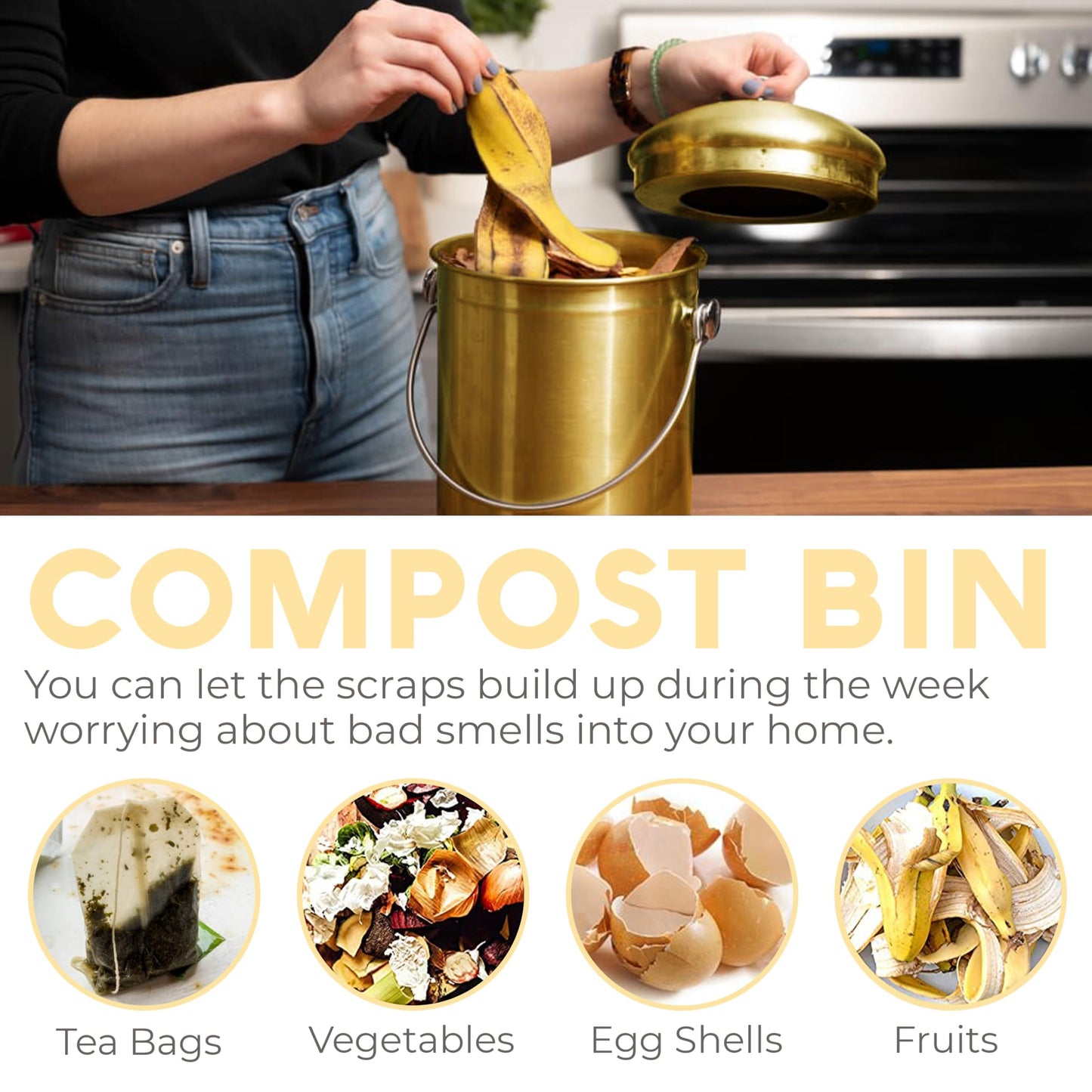 EPICA Countertop Compost Bin – 1.3 Gallon Stainless Steel, Toxin‑Free & Odorless