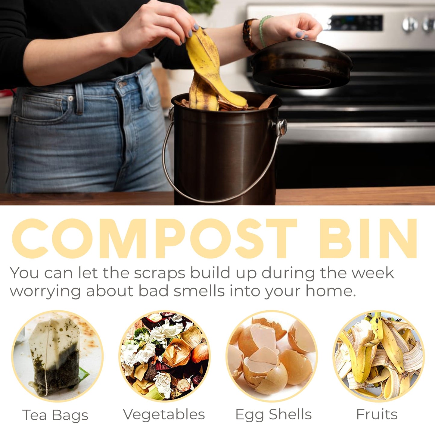 EPICA Countertop Compost Bin – 1.3 Gallon Stainless Steel, Toxin‑Free & Odorless