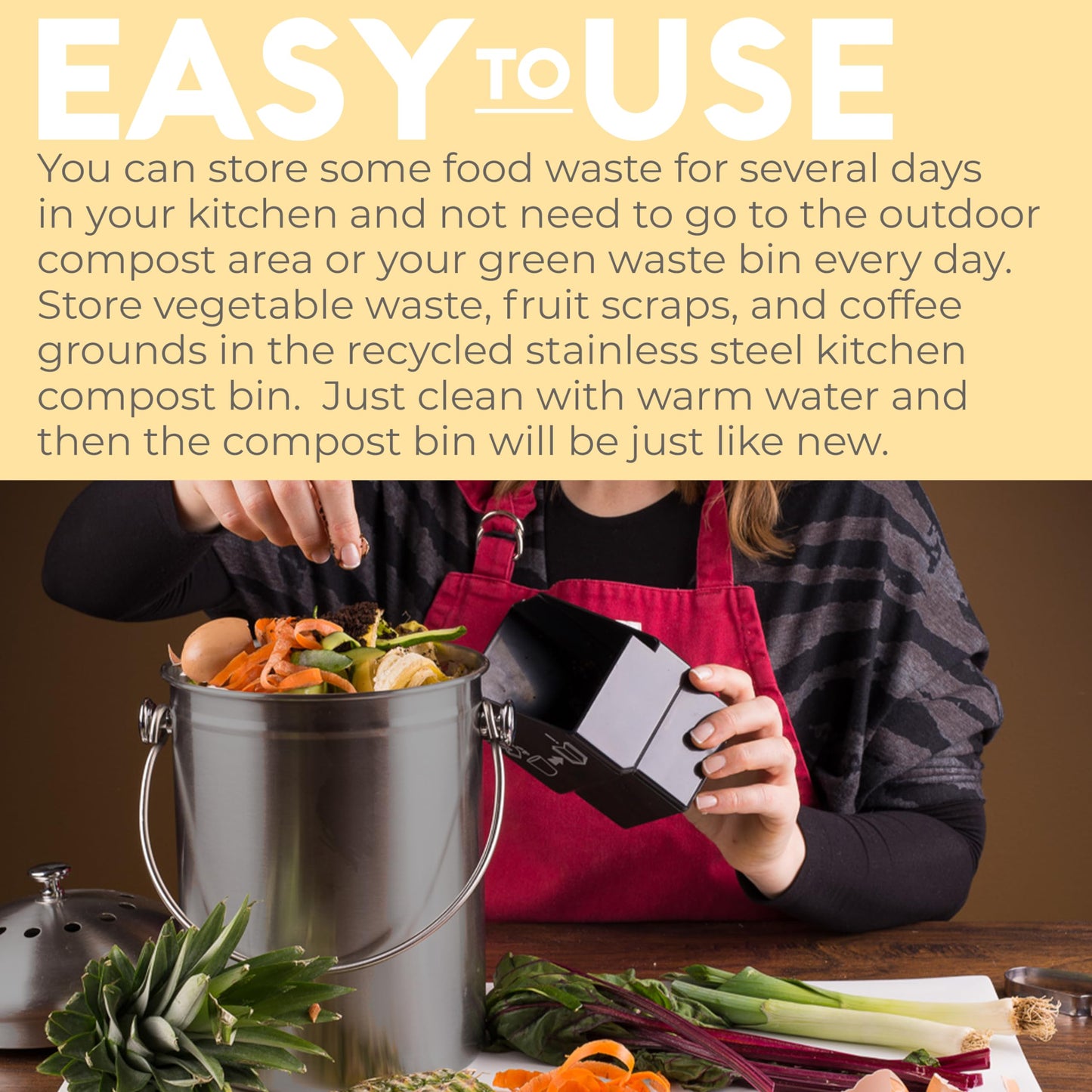 EPICA Countertop Compost Bin – 1.3 Gallon Stainless Steel, Toxin‑Free & Odorless