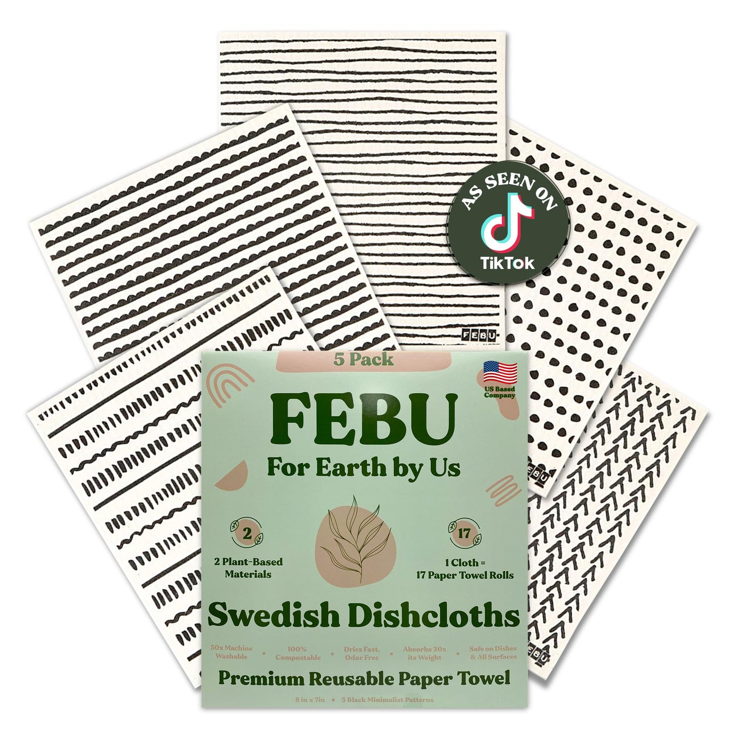 FEBU Swedish Dishcloths – 5 Pack Biodegradable Cotton‑Cellulose Cleaning Cloths