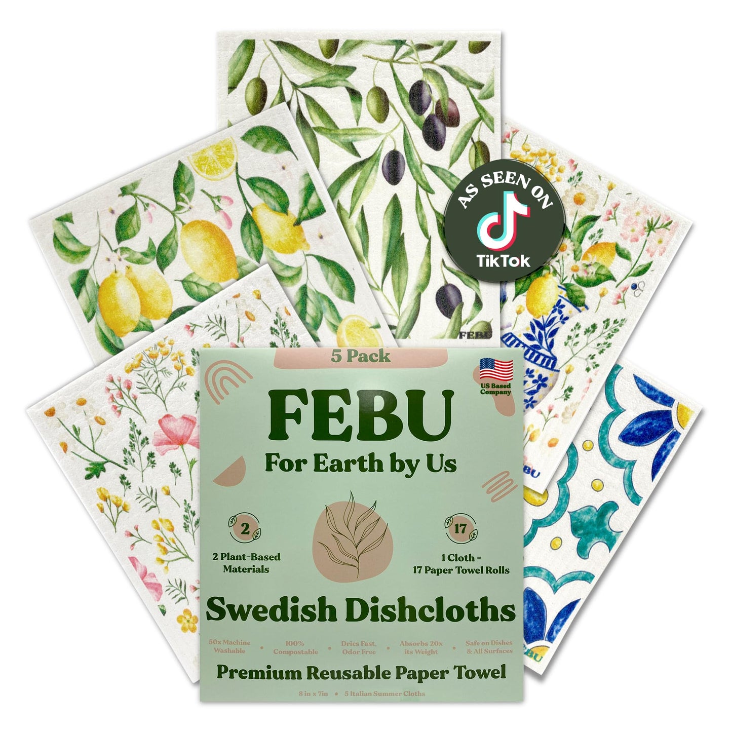 FEBU Swedish Dishcloths – 5 Pack Biodegradable Cotton‑Cellulose Cleaning Cloths