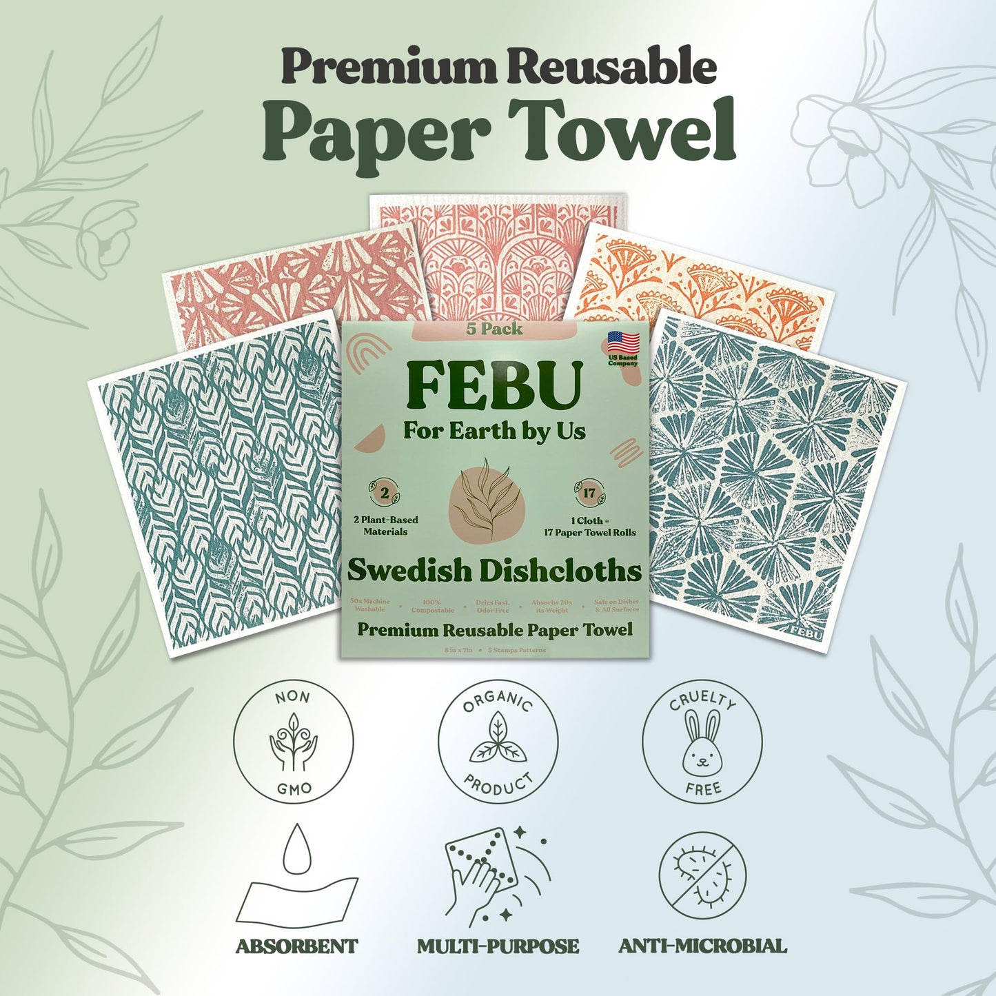 FEBU Swedish Dishcloths – 5 Pack Biodegradable Cotton‑Cellulose Cleaning Cloths