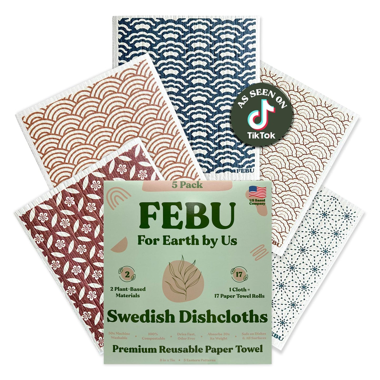 FEBU Swedish Dishcloths – 5 Pack Biodegradable Cotton‑Cellulose Cleaning Cloths