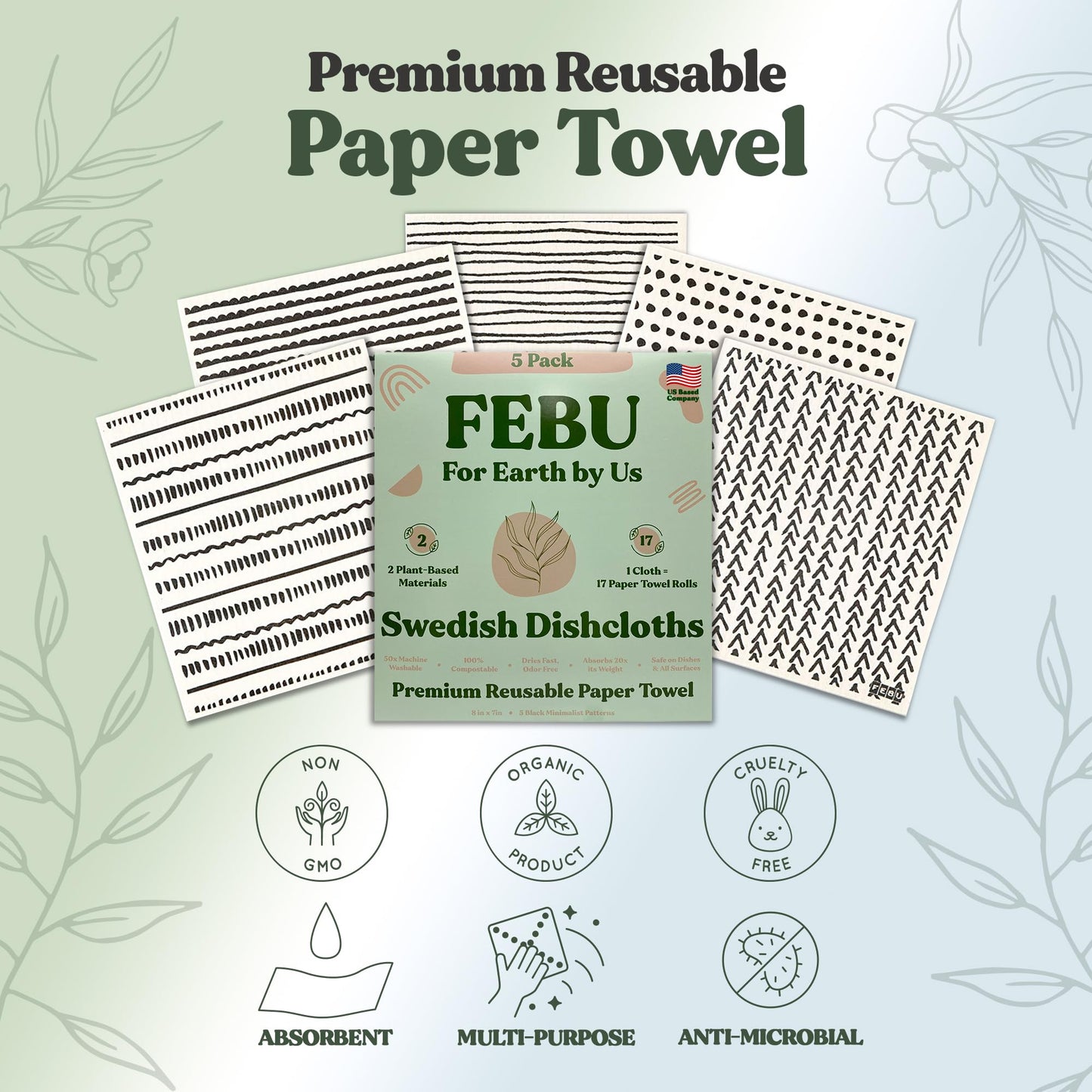 FEBU Swedish Dishcloths – 5 Pack Biodegradable Cotton‑Cellulose Cleaning Cloths