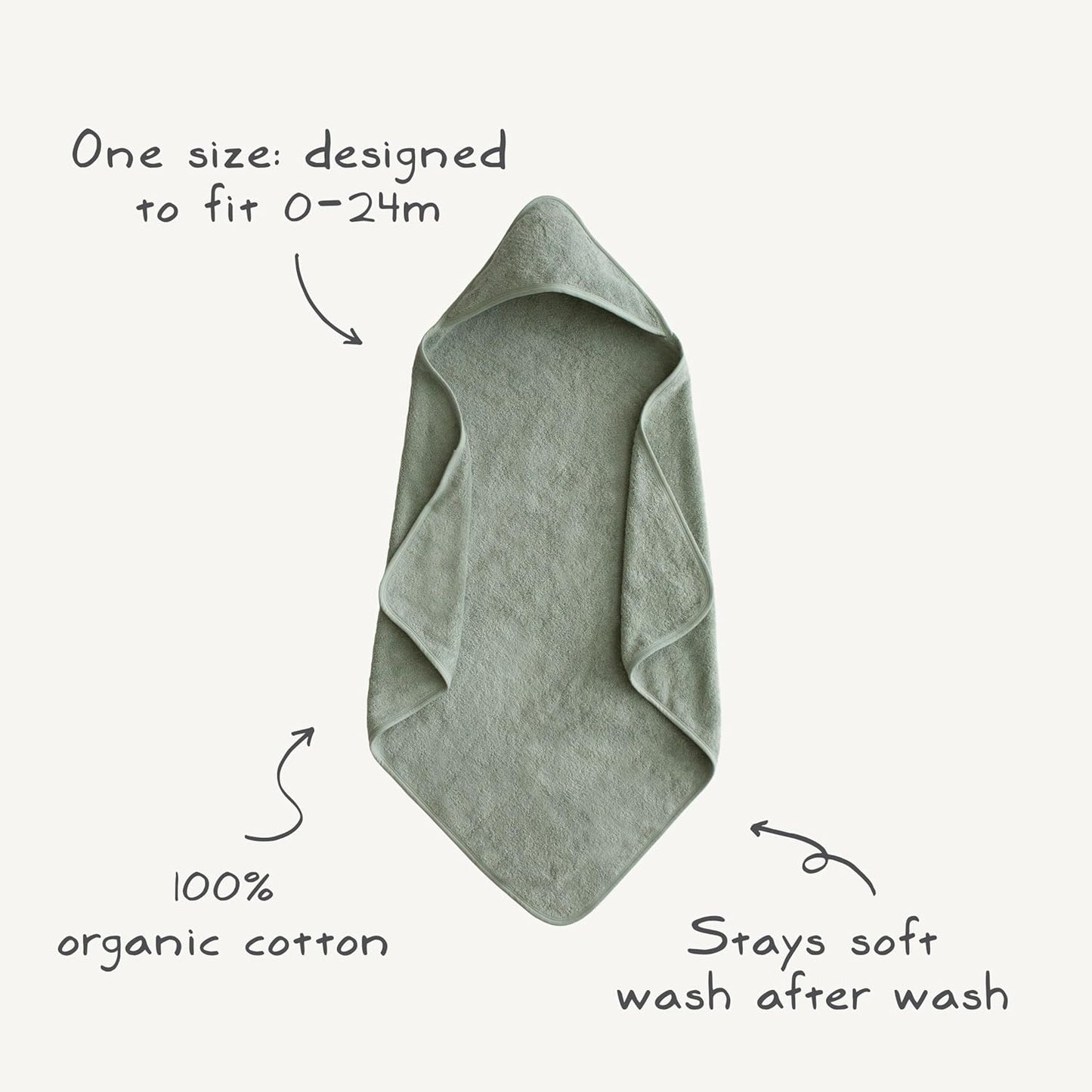 Green hooded towel with text on organic cotton and durability
